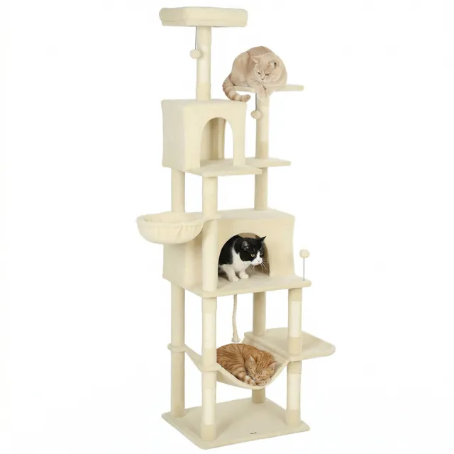 pawhut-grand-arbre-chat-202-cm-avec-6-griffoirs-2-niches-et-2-hamacs-beige image 1