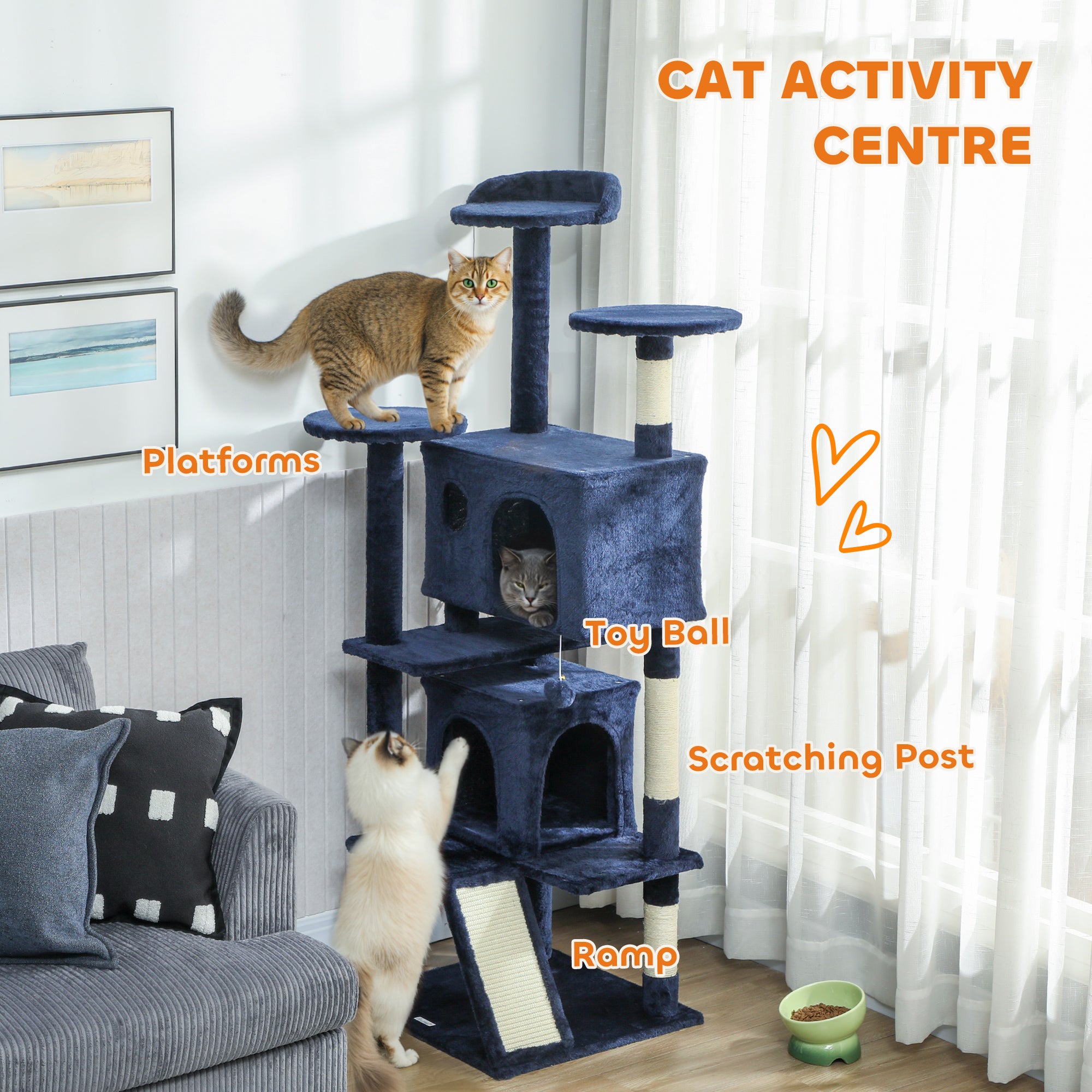 pawhut-arbre-chat-63-avec-condos-lit-rampe-et-griffoir-bleu-fonc image 6