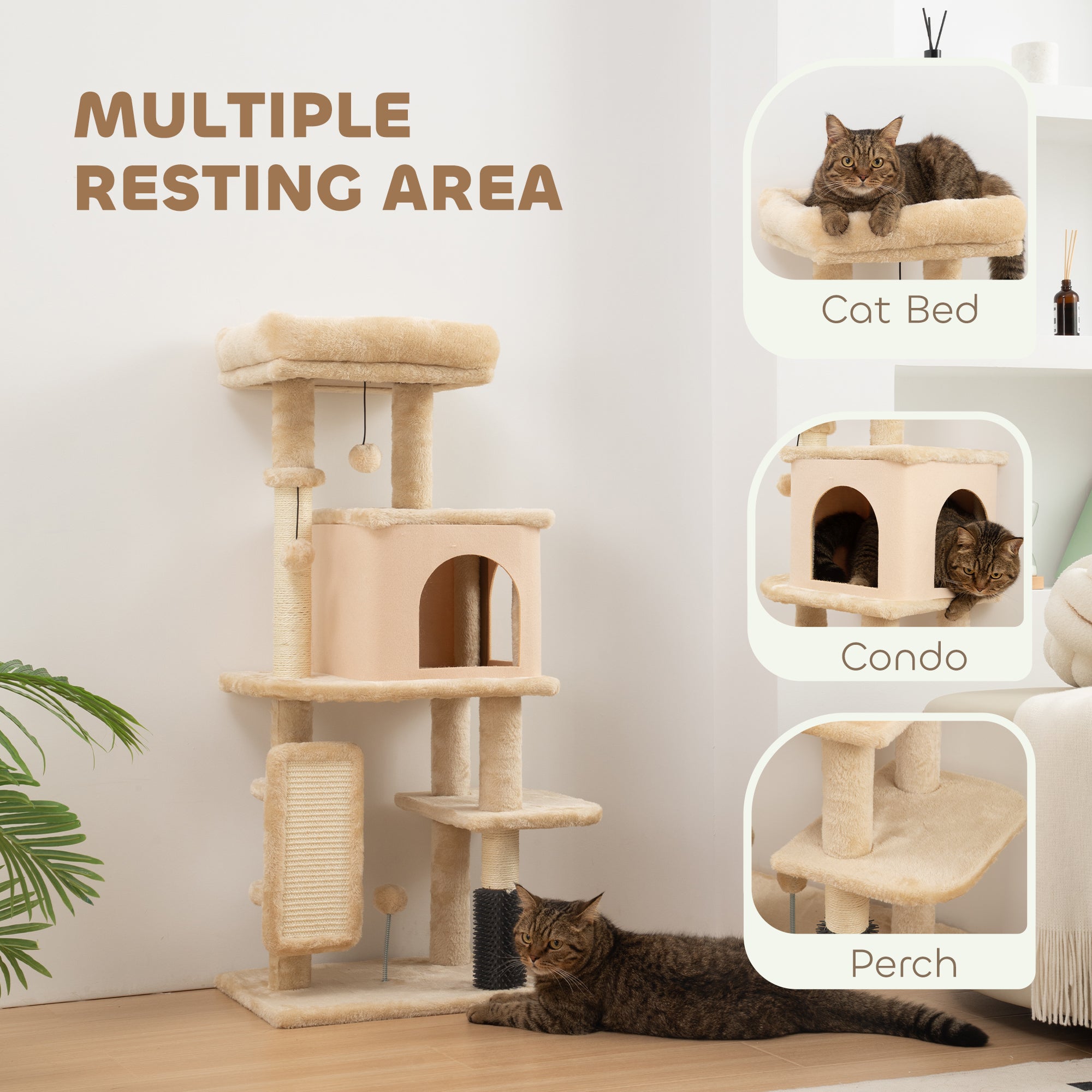 pawhut-arbre-chat-41-avec-niche-couchage-griffoirs-et-brosse-beige image 6