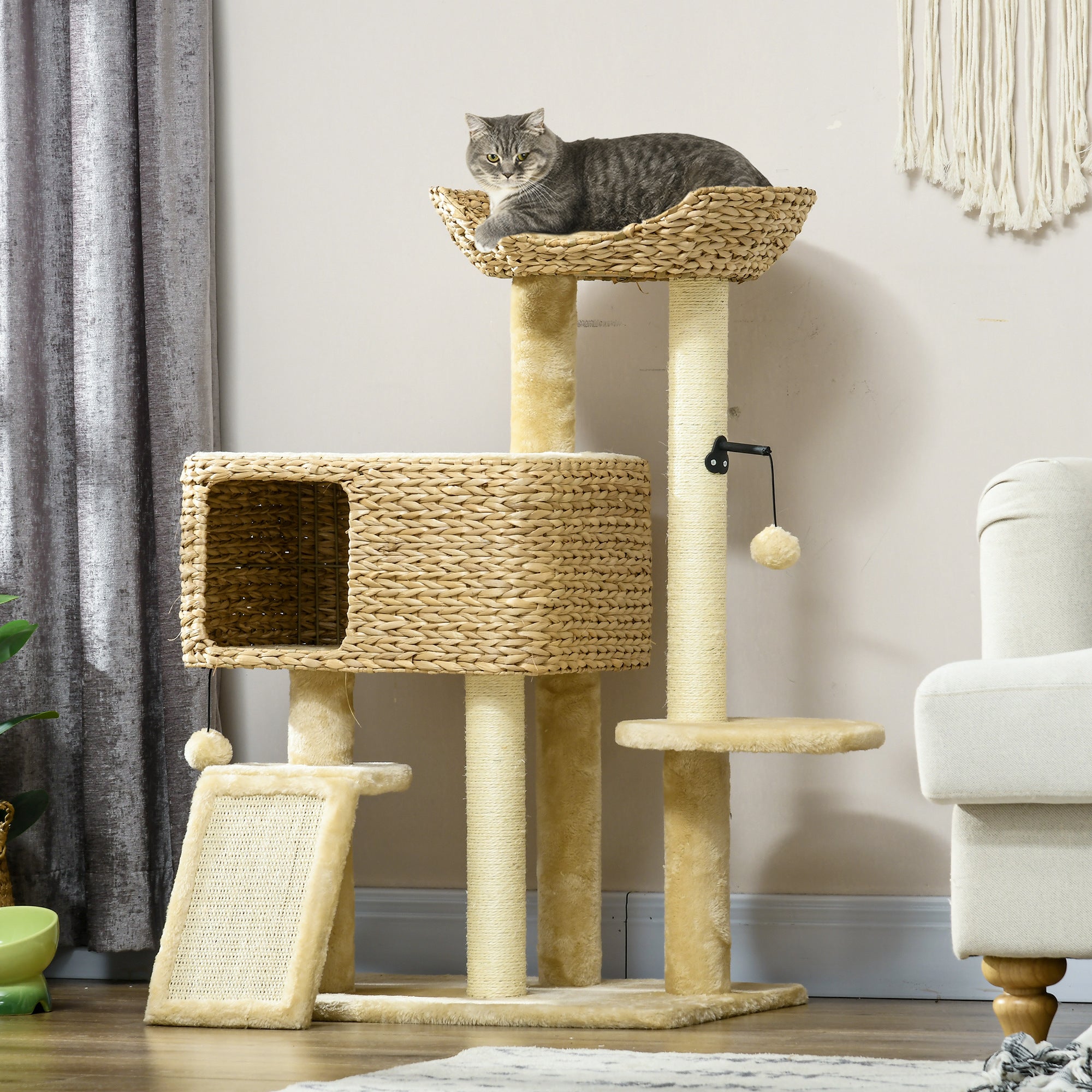 pawhut-arbre-chat-98-cm-avec-niche-lit-rampe-et-griffoirs-beige image 4