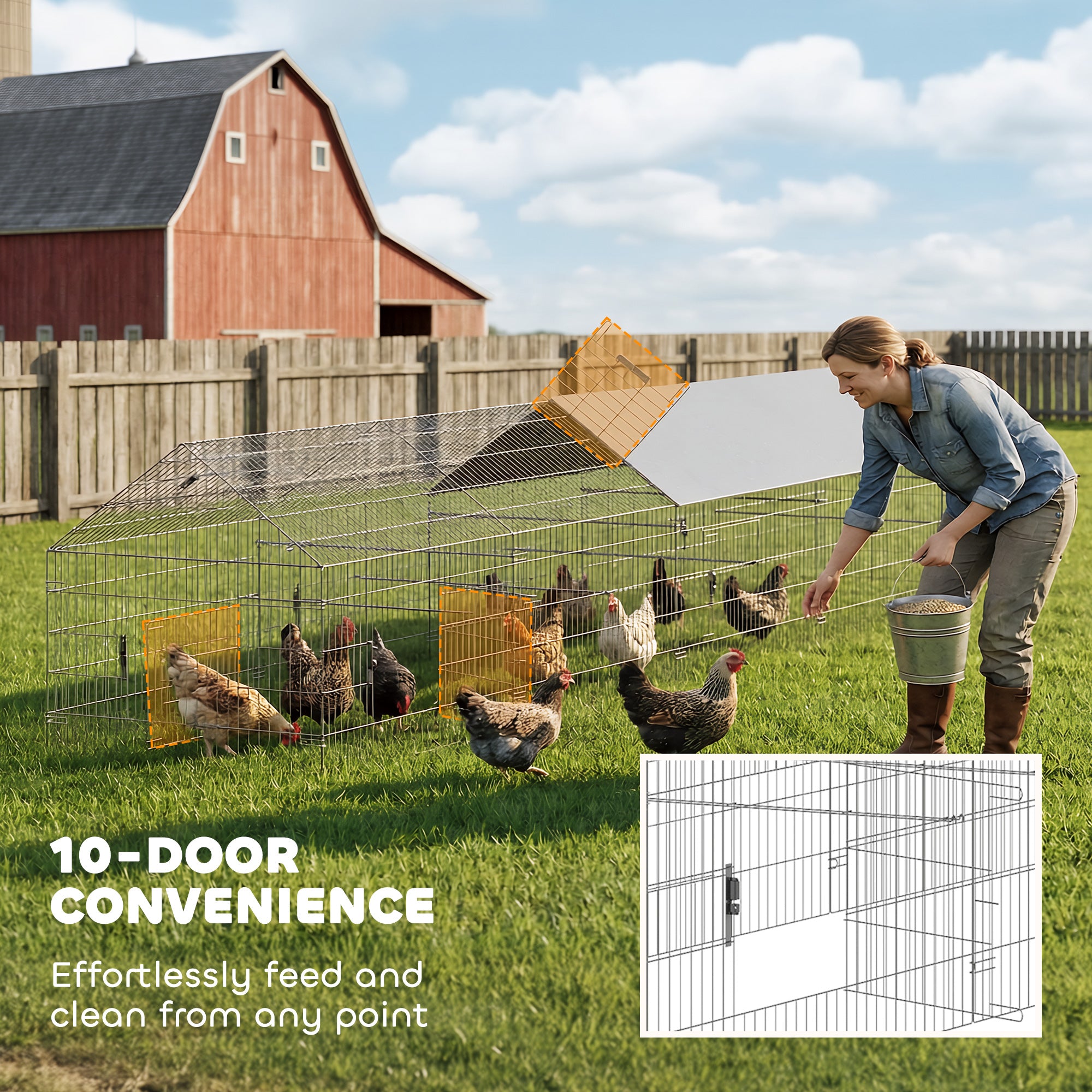 pawhut-enclos-poulailler-m-tal-avec-b-che-et-10-portes-pour-7-9-poules-gris image 7