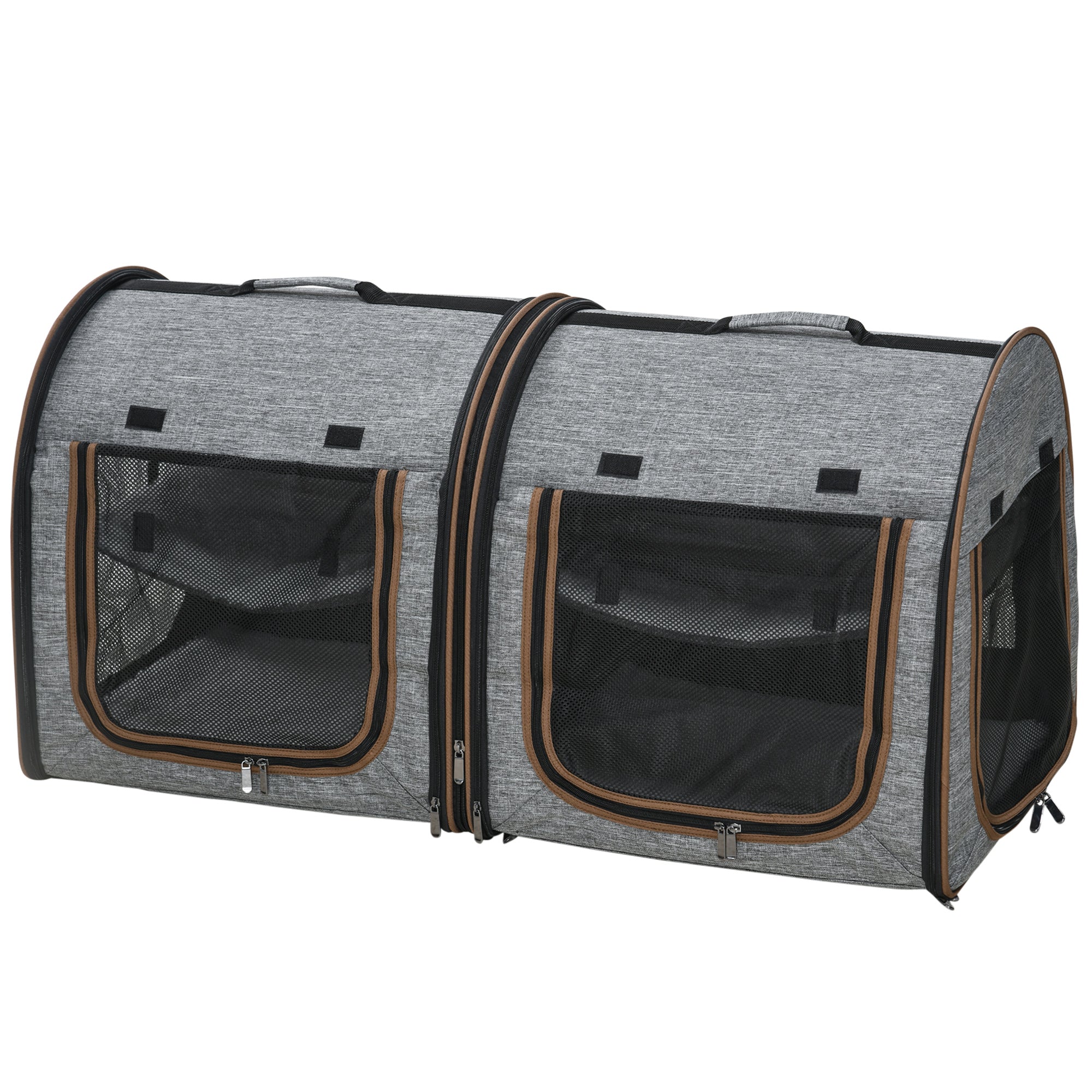 pawhut-sac-de-transport-double-pour-animaux-avec-s-parateur-et-coussins-gris image 2