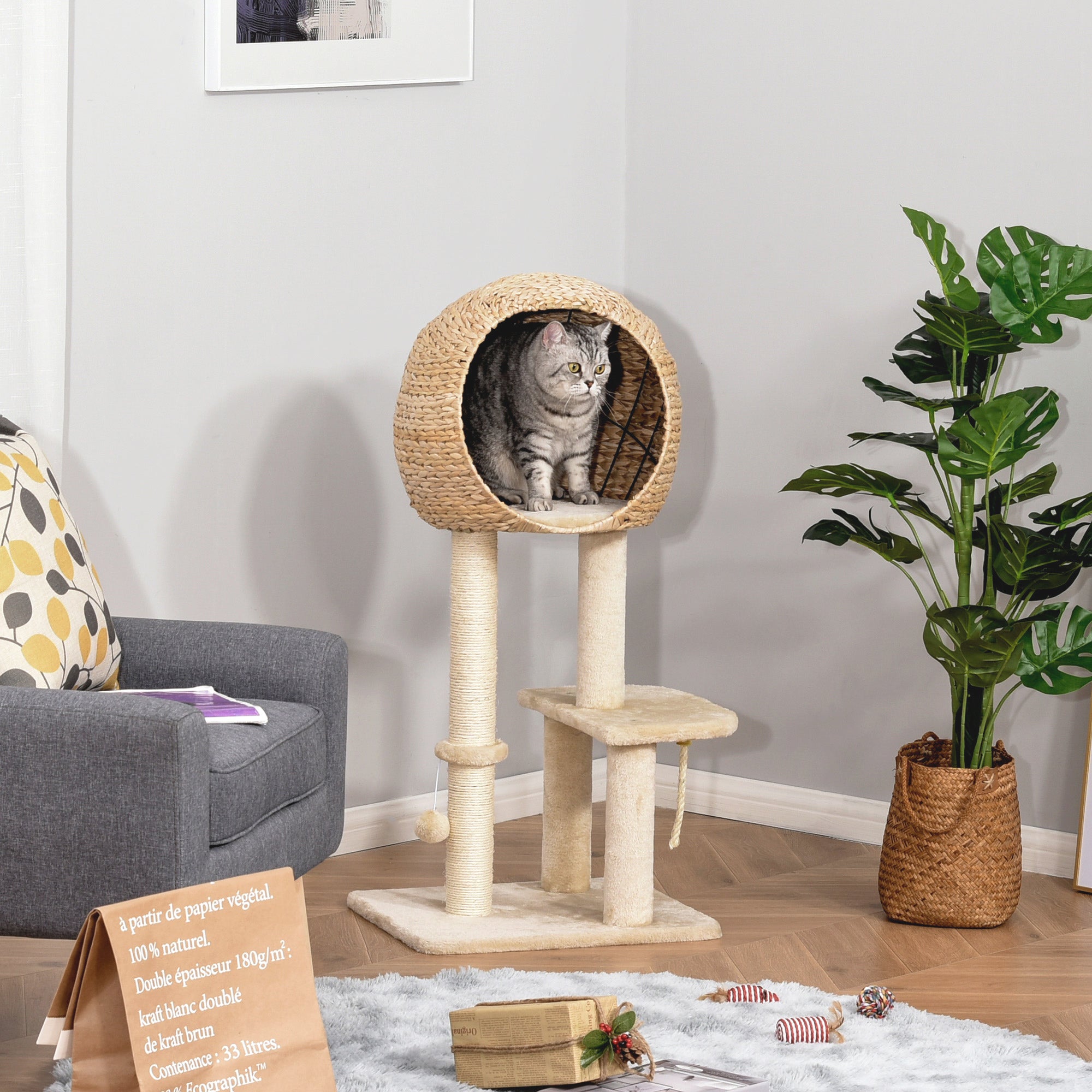 pawhut-arbre-chat-multi-niveaux-99-cm-avec-griffoir-sisal-et-maison image 3