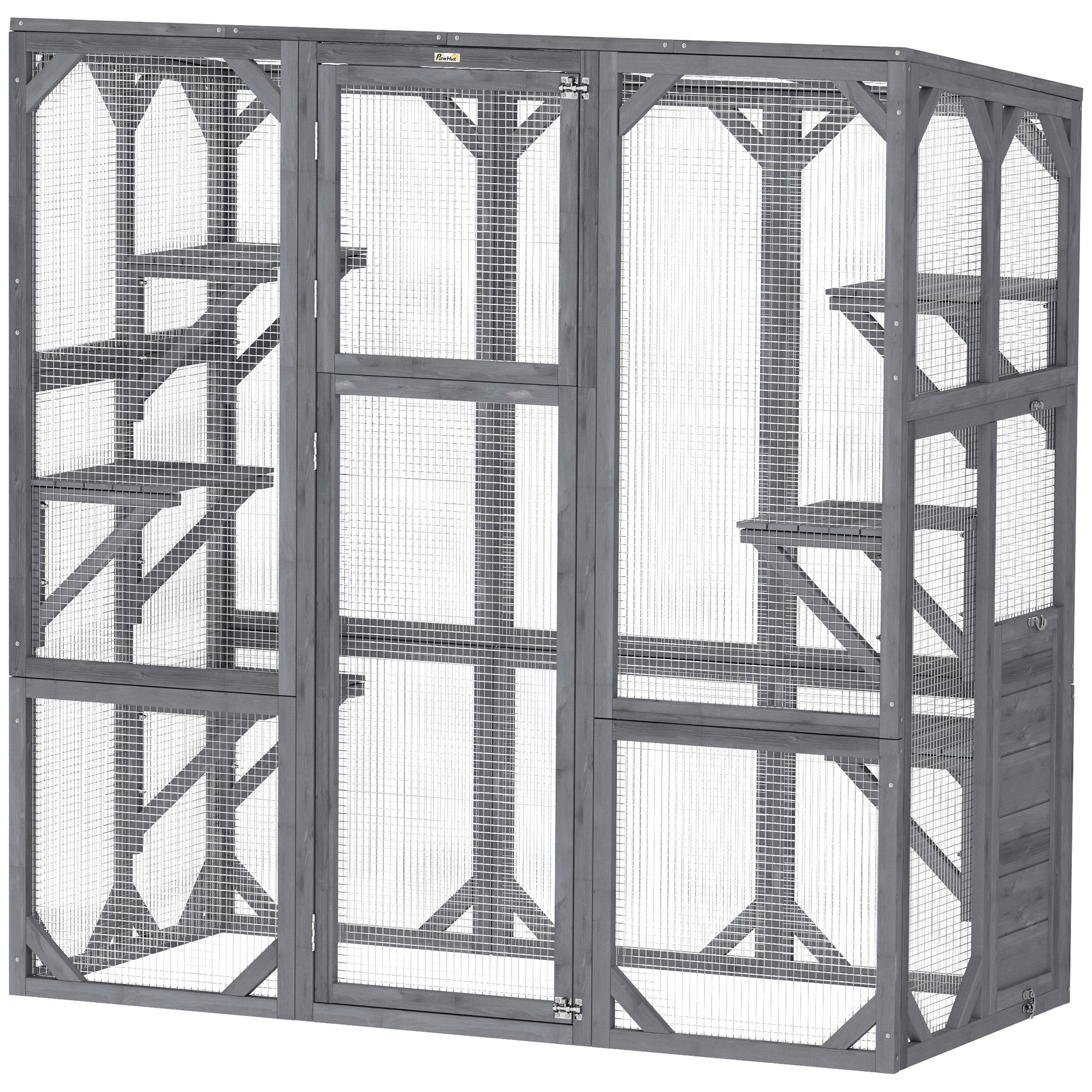 pawhut-catio-ext-rieur-grand-enclos-avec-6-plateformes-et-toit-imperm-able-gris image 1
