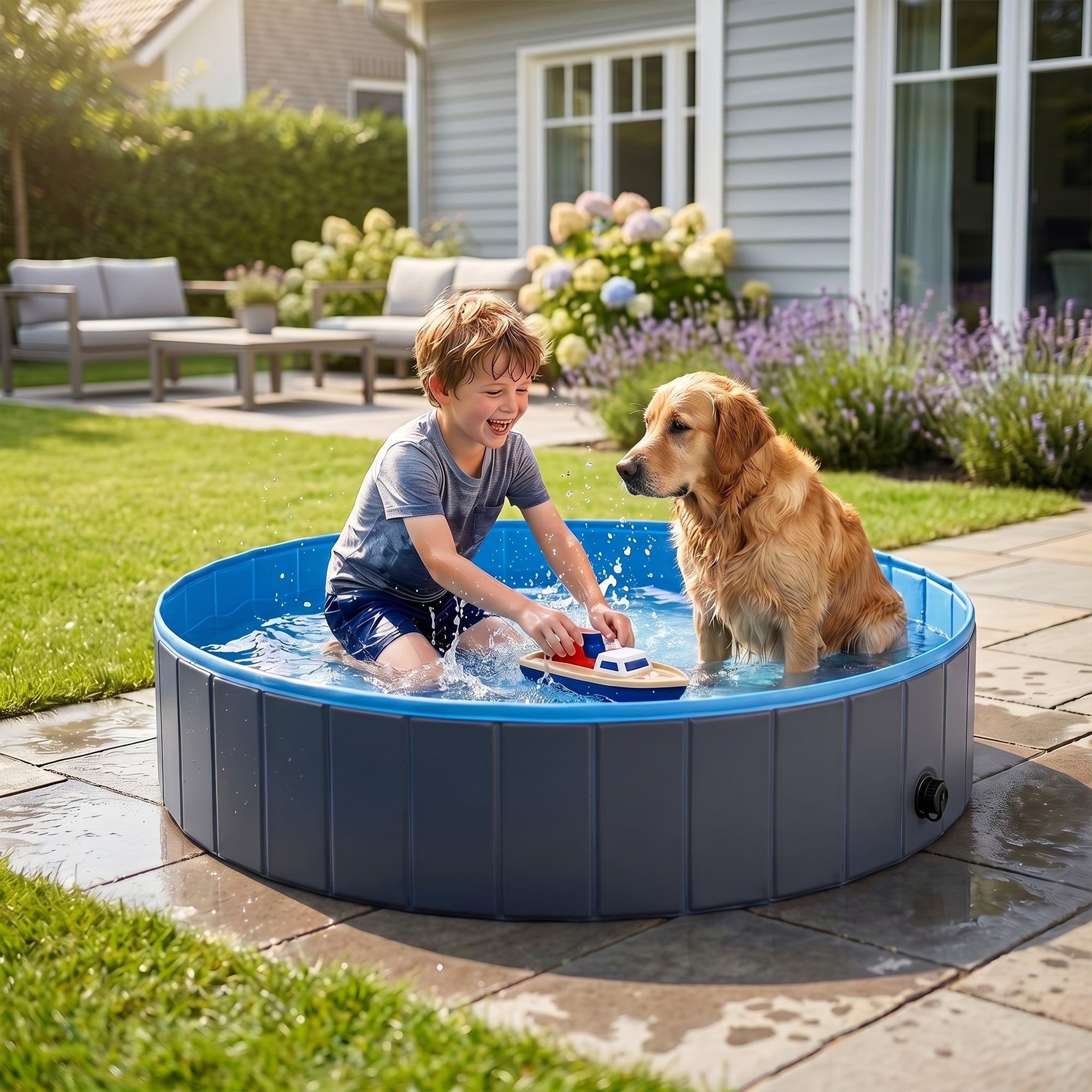 pawhut-piscine-pliable-pour-chien-140-x-30-cm-pvc-bleu-et-gris-fonc image 4