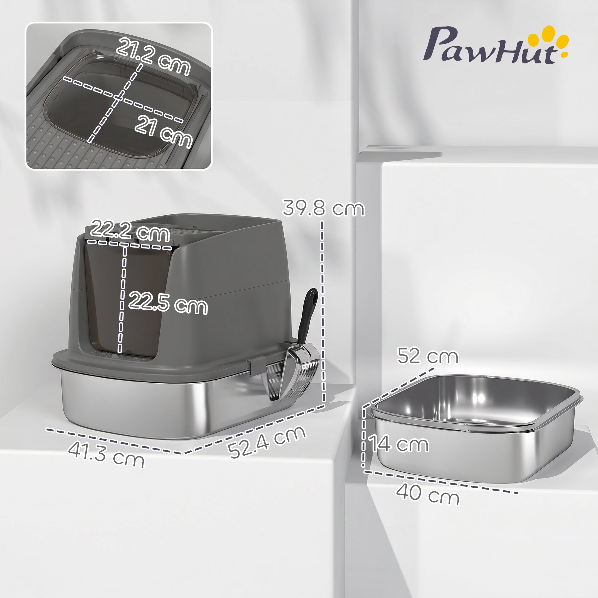 pawhut-bac-liti-re-chat-inox-avec-capot-et-abattant-rabattable-gris-fonc image 5