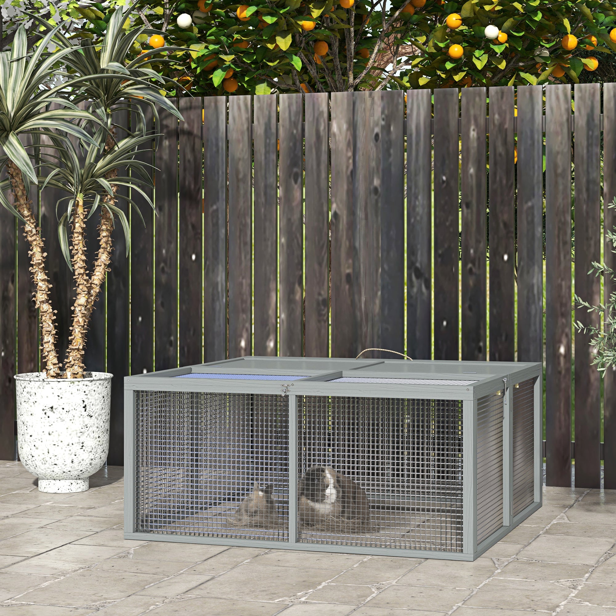 pawhut-clapier-lapin-pliable-en-bois-avec-toit-ouvrant-2-3-lapins-gris image 4