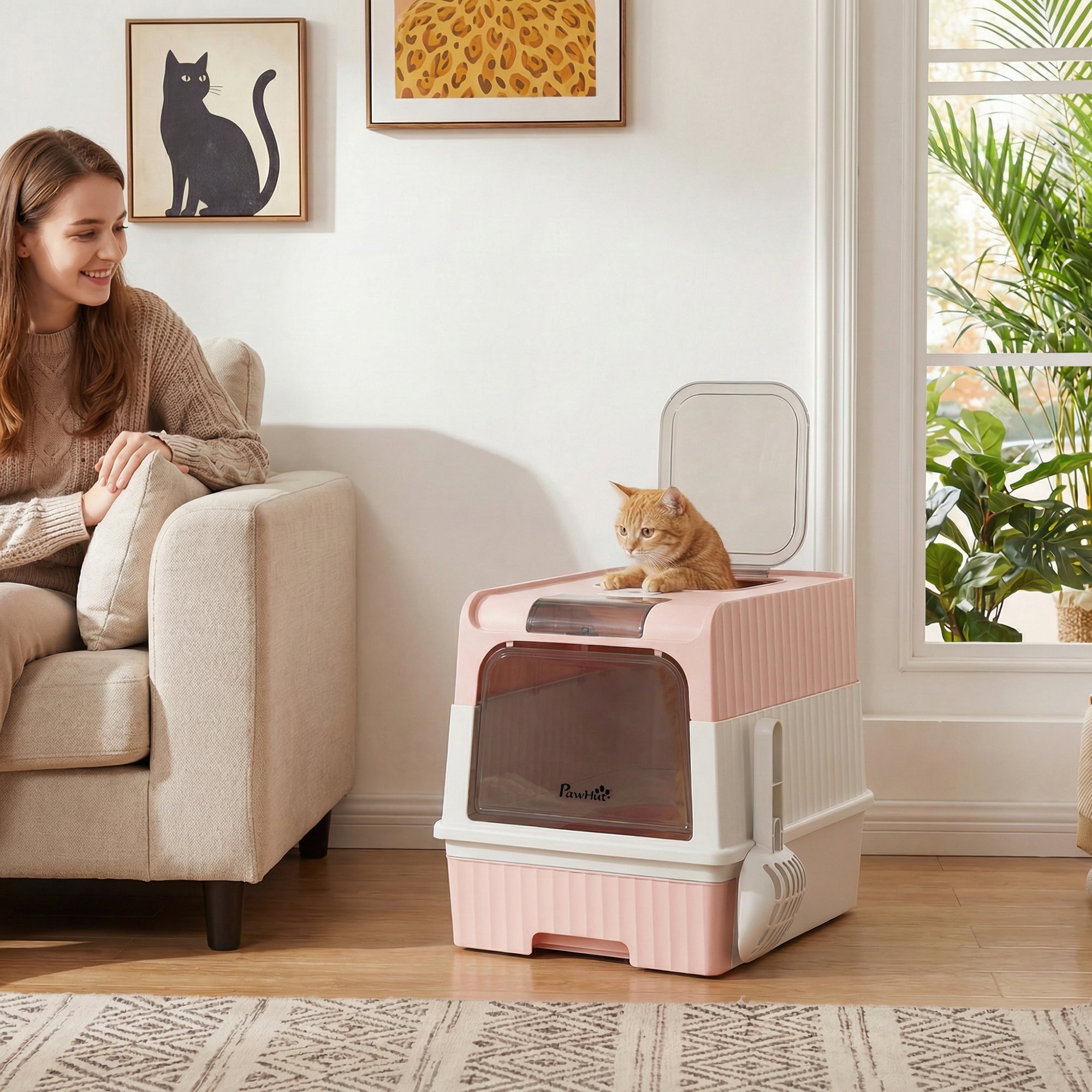 pawhut-bac-liti-re-pour-chat-ferm-avec-tiroir-pelle-et-sortie-par-le-dessus-rose image 3