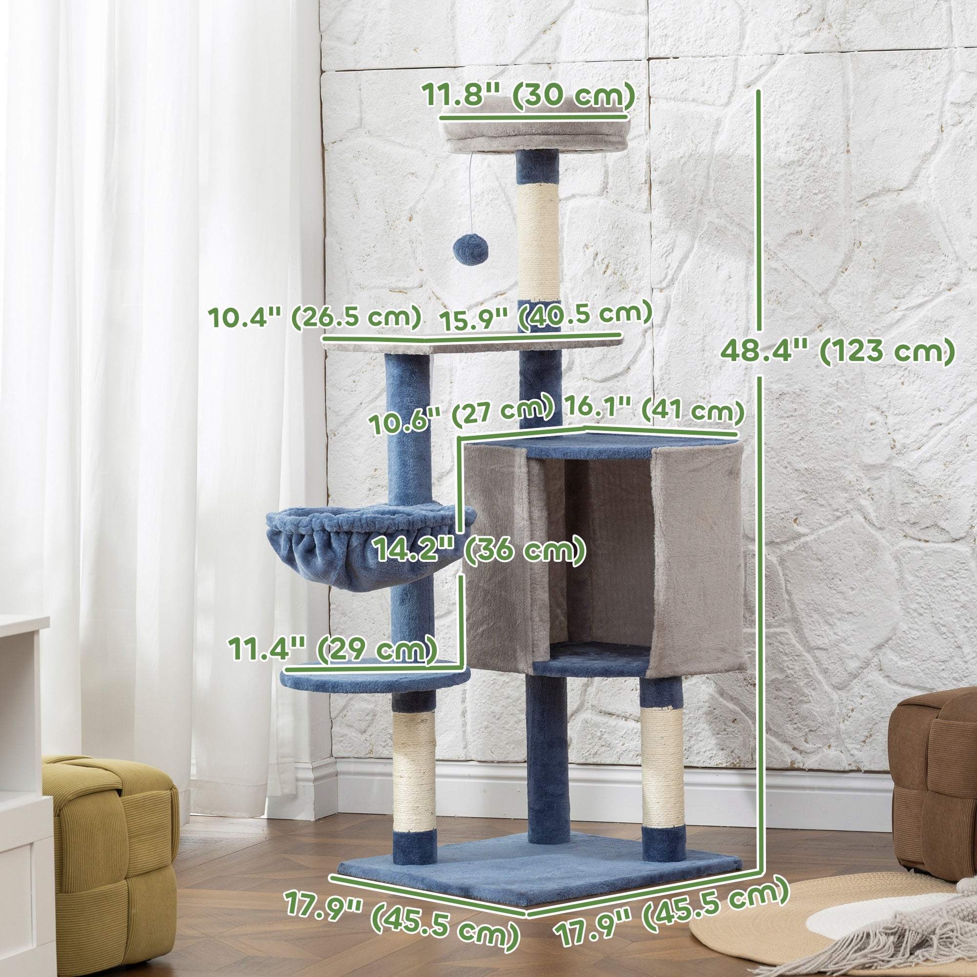 pawhut-arbre-chat-moderne-122-cm-bleu-gris-niche-hamac-perchoir-et-griffoirs image 5