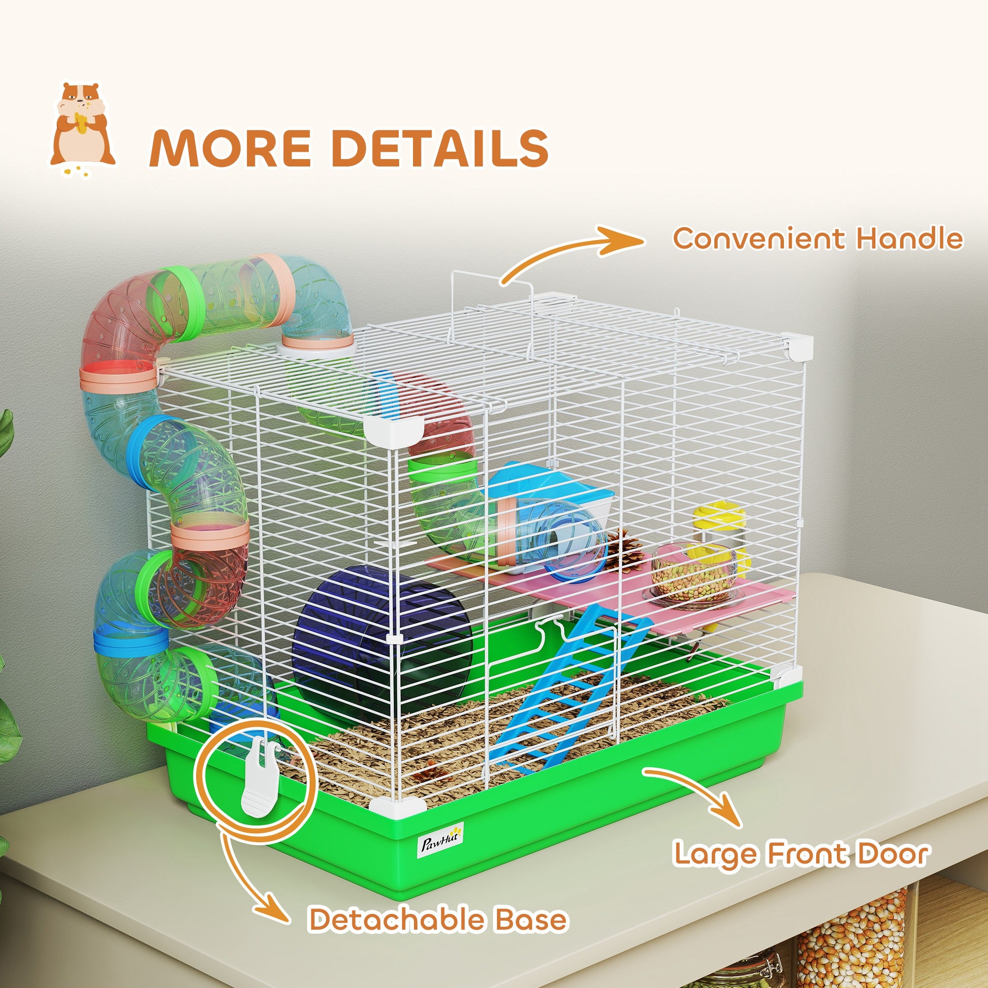 pawhut-cage-hamster-2-tages-avec-roue-tunnel-et-poign-e-verte image 8