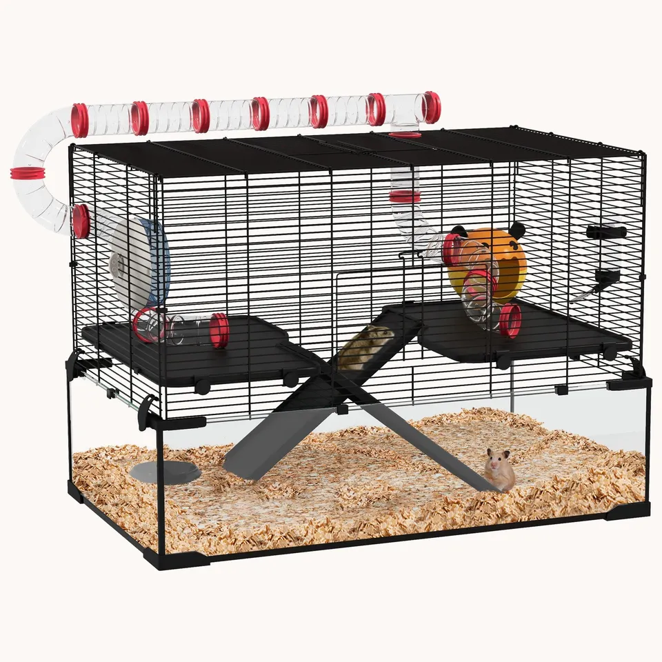 pawhut-cage-hamster-extra-large-31-avec-tunnel-base-verre-profonde-roue-et-biber image 1