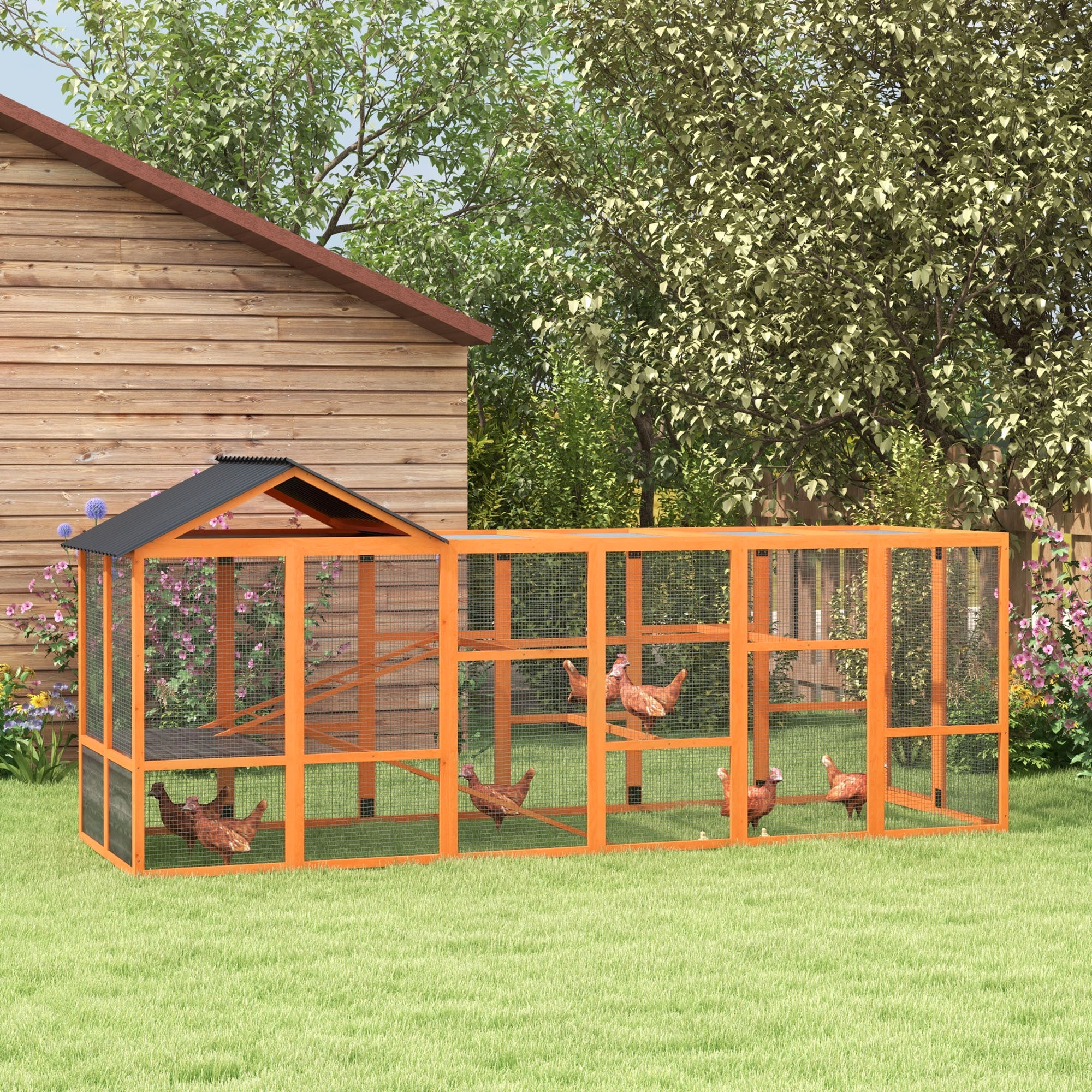 pawhut-extension-enclos-poules-bois-avec-rangement-perchoirs-et-chelles-orange image 3