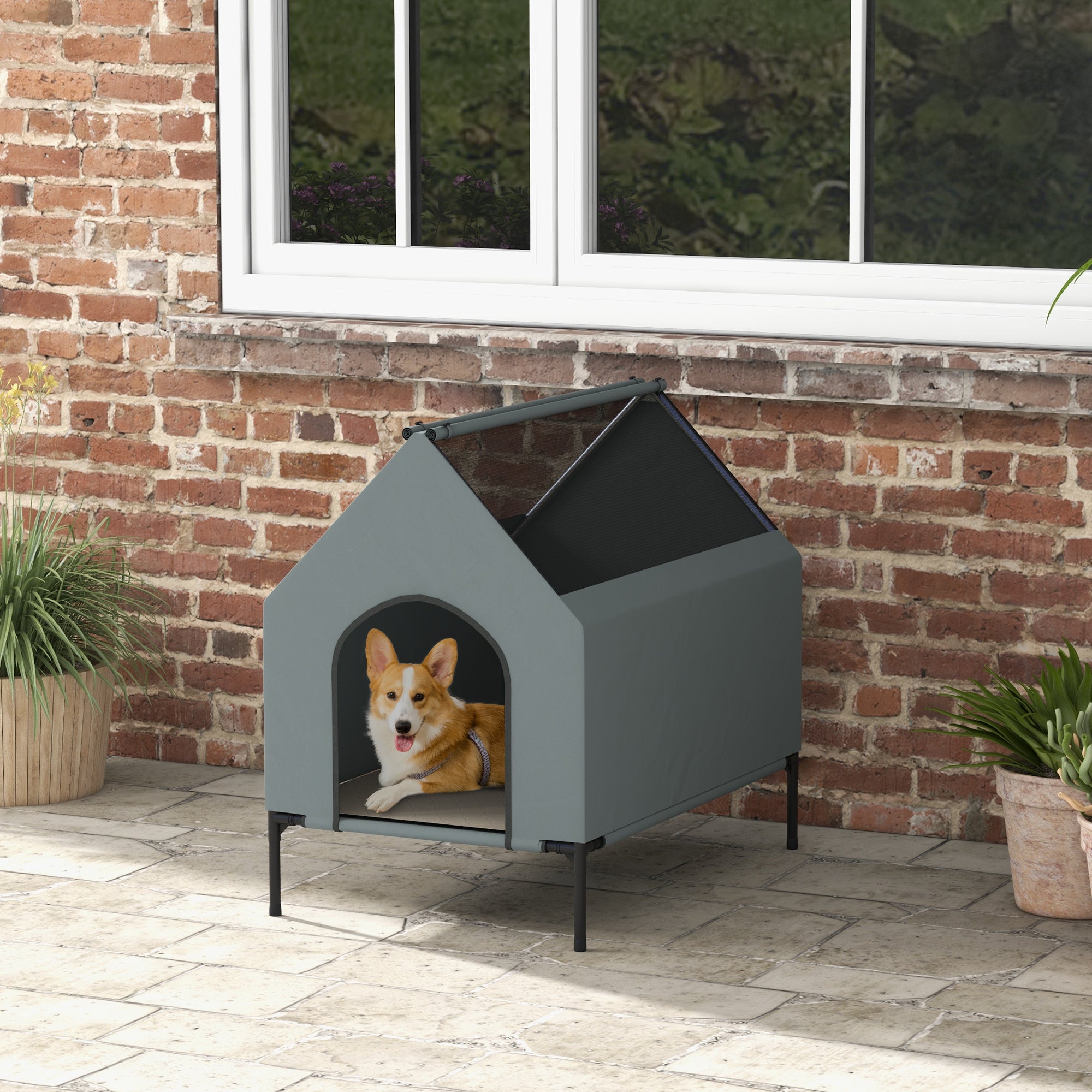 pawhut-niche-chien-d-ext-rieur-sur-lev-e-convertible-en-lit-de-camping-gris image 4