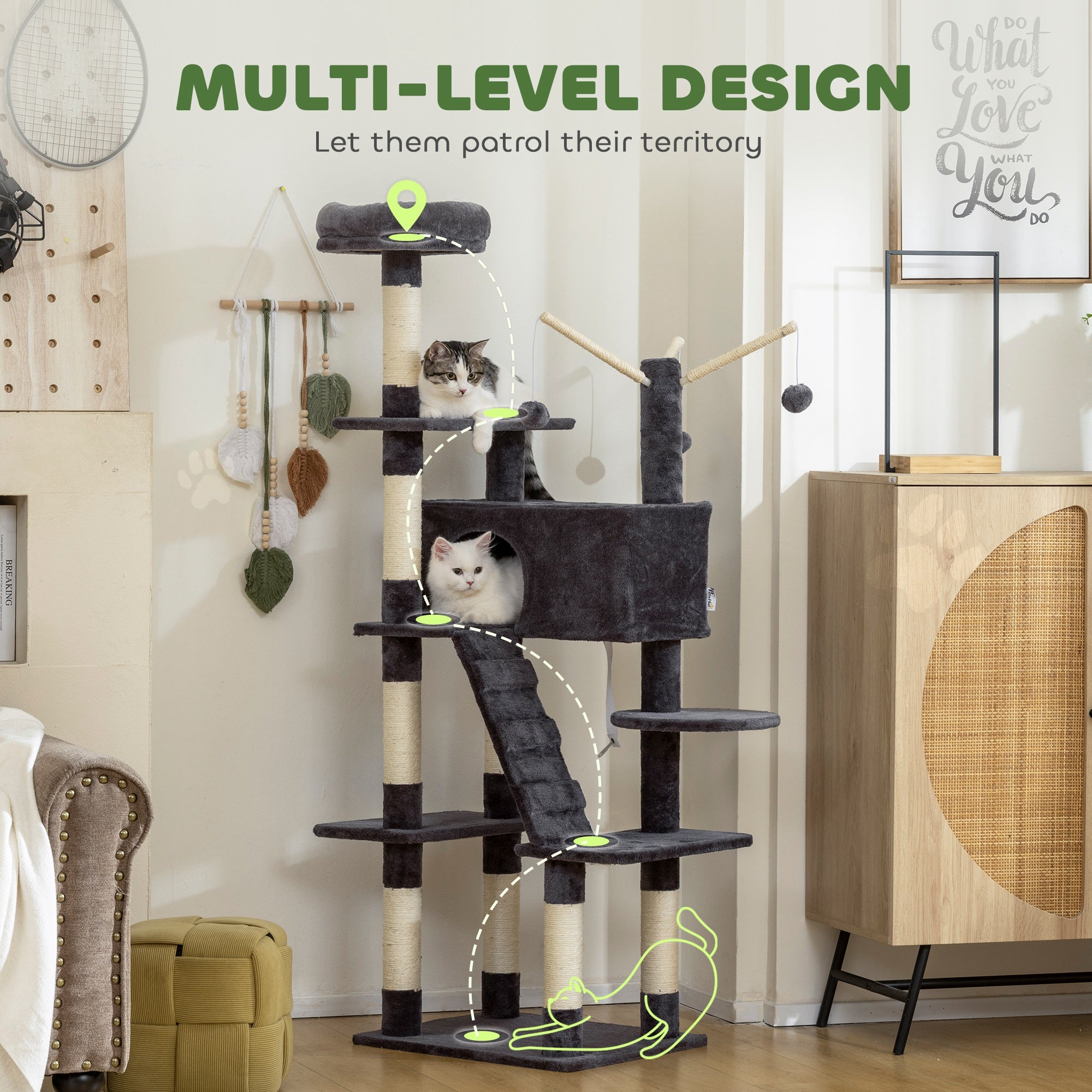pawhut-arbre-chat-multi-niveaux-59-avec-niche-et-chelle-gris-fonc image 6