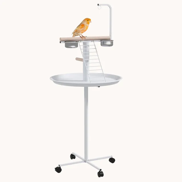 pawhut-perchoir-perroquet-sur-roulettes-avec-perches-et-mangeoires-inox-blanc image 1