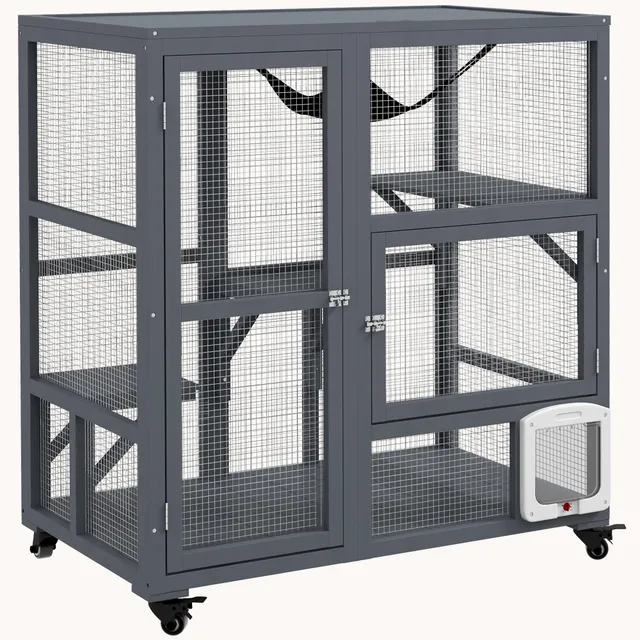 pawhut-maison-pour-chat-int-rieur-bois-39-avec-roulettes-3-plateformes-et-hamac- image 1