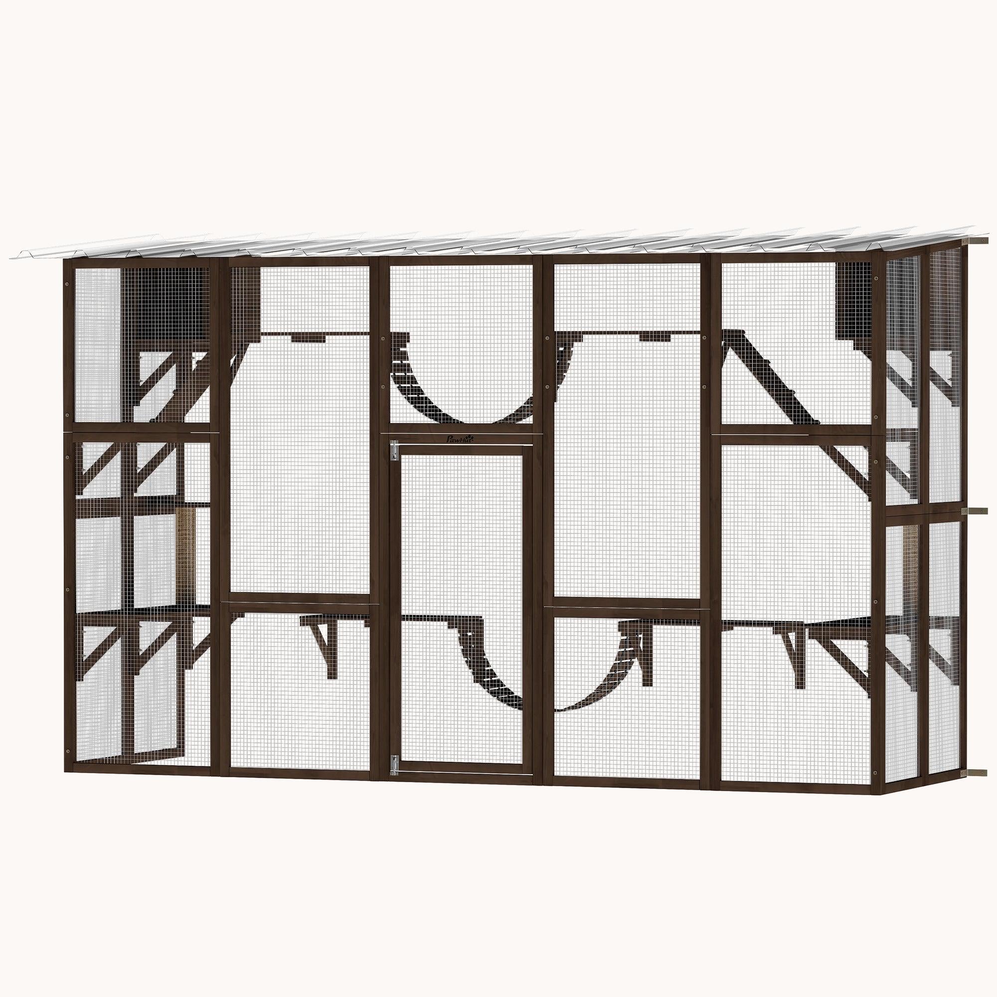 pawhut-catio-ext-rieur-bois-avec-toit-6-plateformes-marron-caf image 2