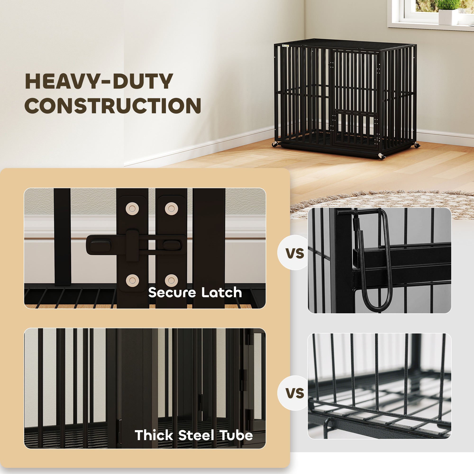 pawhut-cage-chien-robuste-roulettes-avec-plateau-et-dessus-ouvert-95x57x81-cm-no image 6