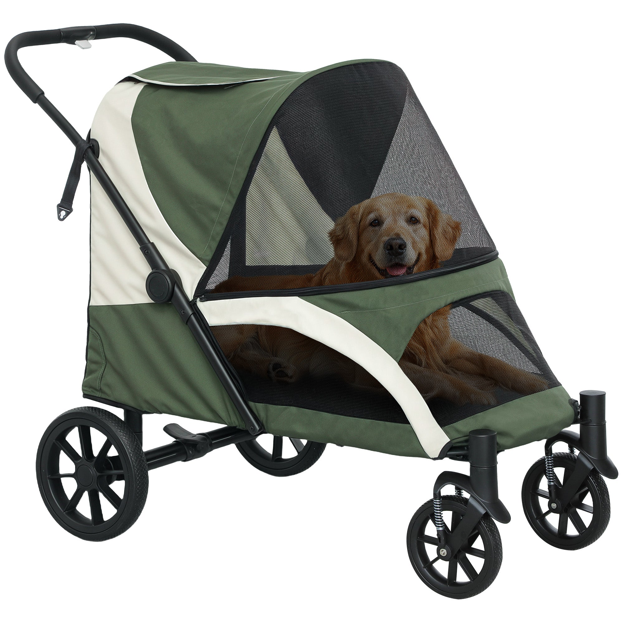 pawhut-poussette-pour-grand-chien-roues-amortissantes-pliable-en-1-clic-verte image 1