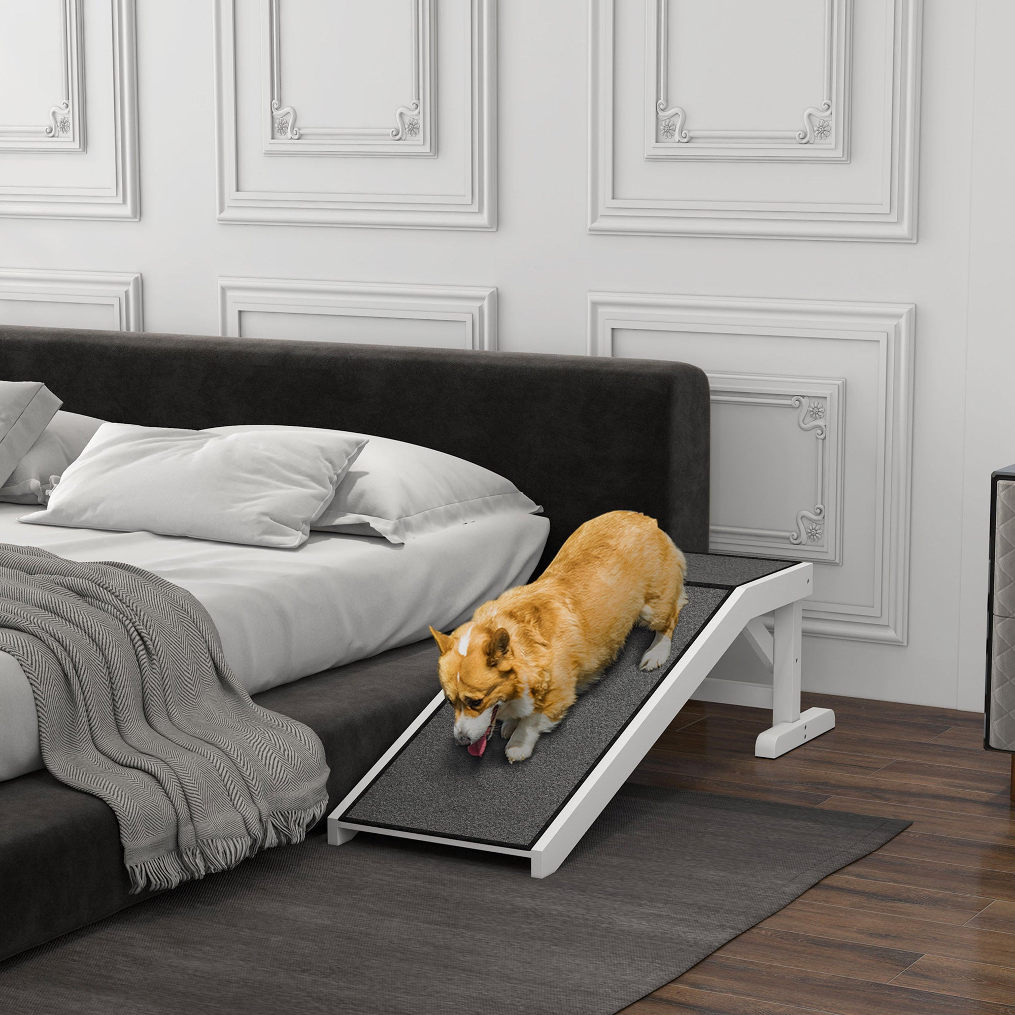 pawhut-rampe-chien-pour-lit-124-cm-avec-tapis-antid-rapant-et-plateforme-blanche image 5