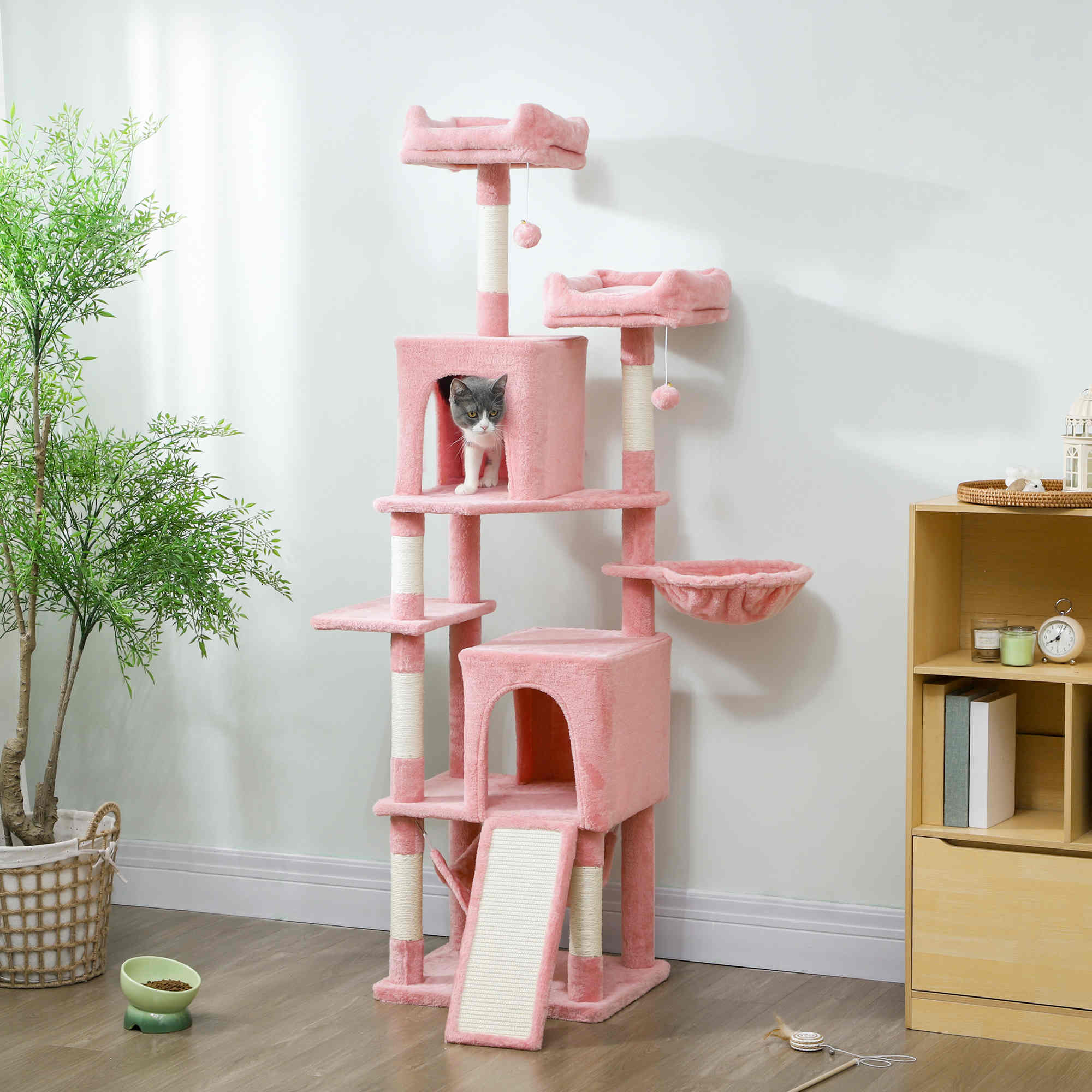 arbre-chat-pawhut-177-cm-avec-2-niches-2-perchoirs-et-hamac-rose image 4