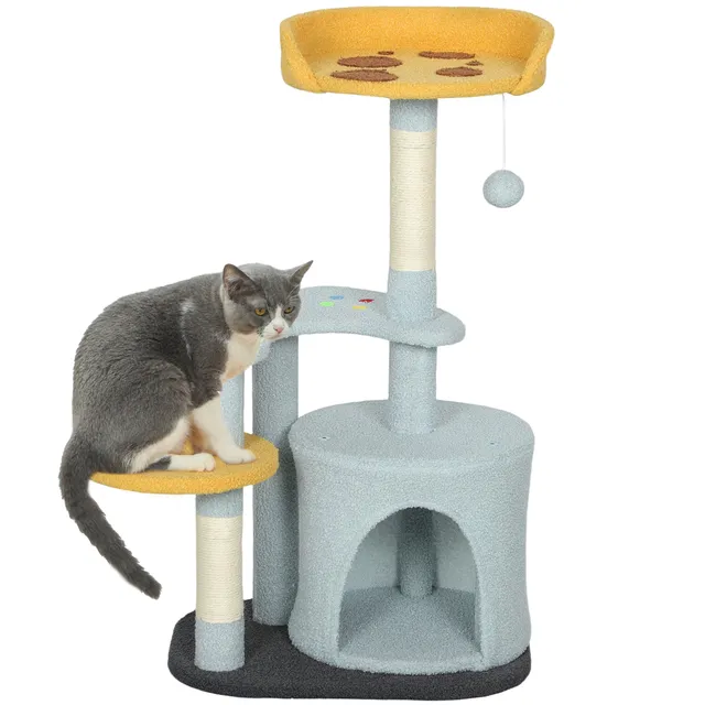 pawhut-arbre-chat-80-cm-avec-niche-perchoir-pizza-et-griffoir-sisal-bleu image 1