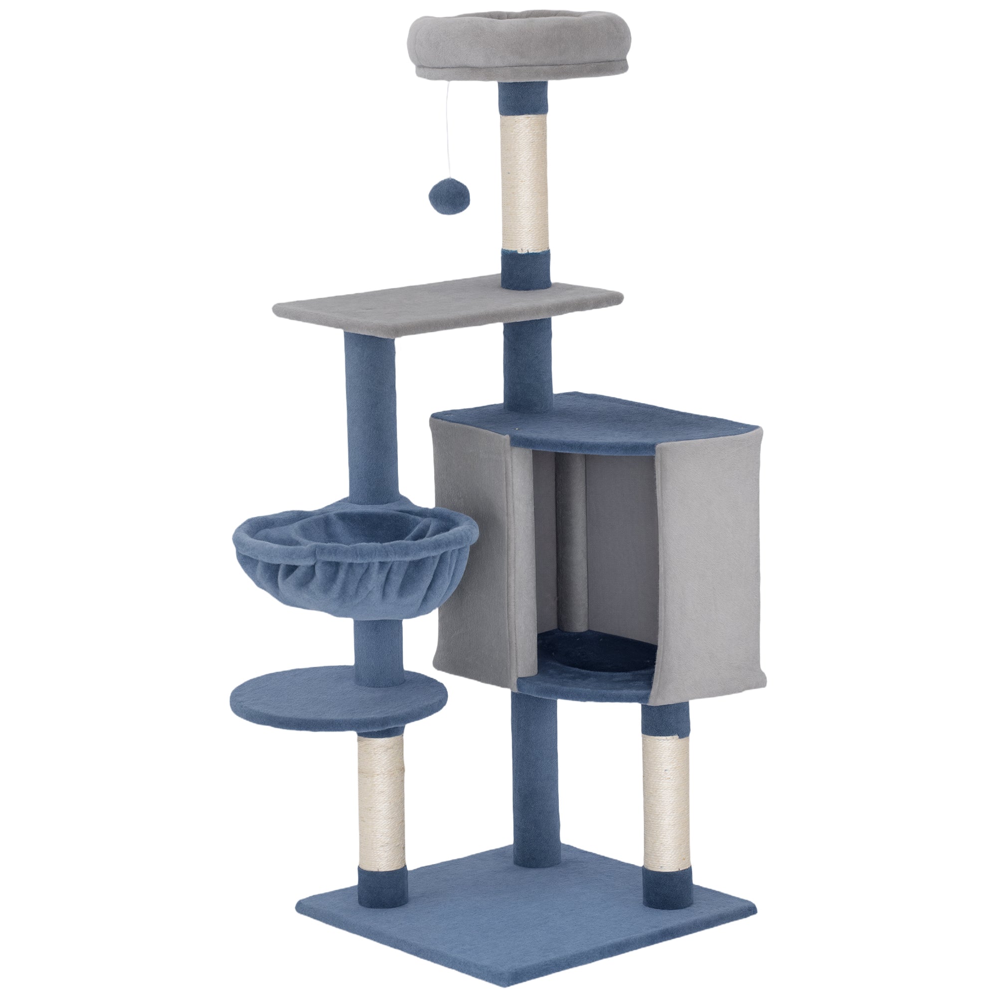 pawhut-arbre-chat-moderne-122-cm-bleu-gris-niche-hamac-perchoir-et-griffoirs image 2