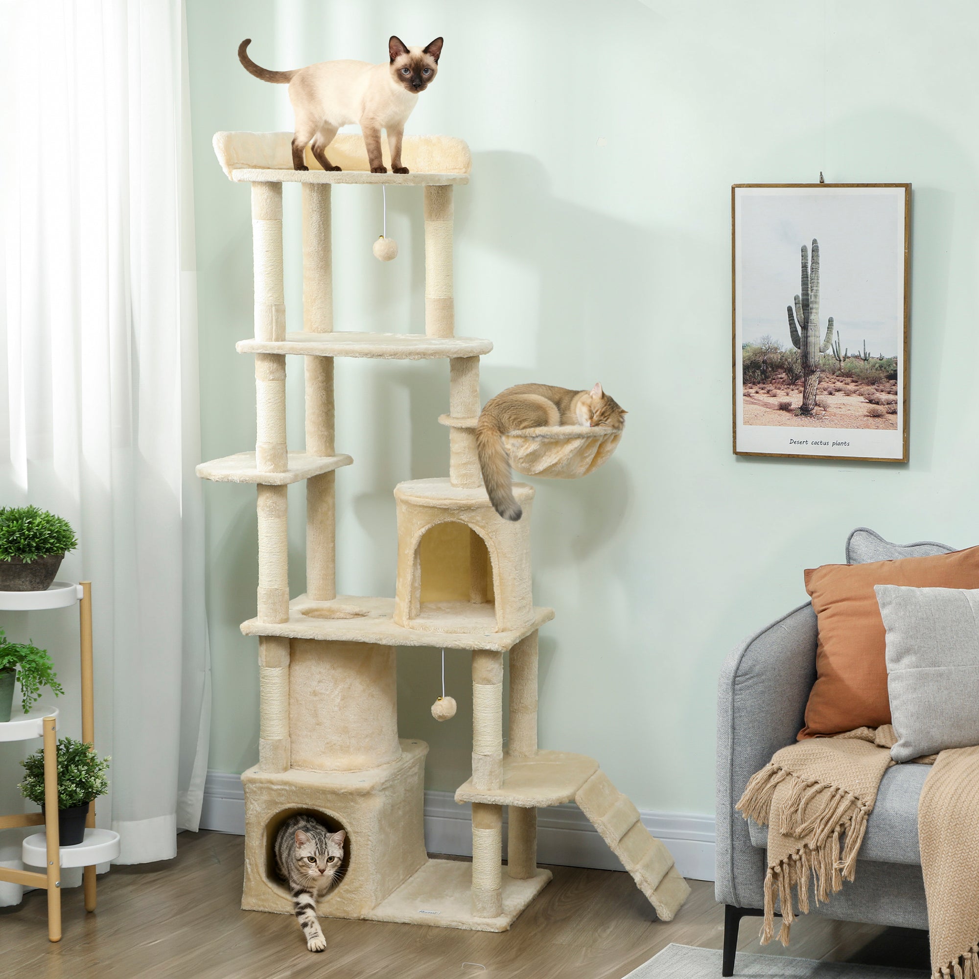 pawhut-grand-arbre-chat-170-cm-7-griffoirs-2-niches-hamac-beige image 3