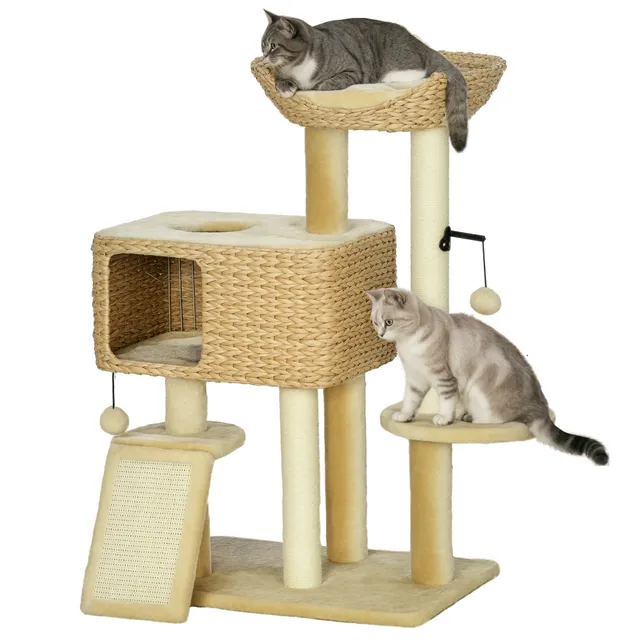 pawhut-arbre-chat-98-cm-avec-niche-lit-rampe-et-griffoirs-beige image 1