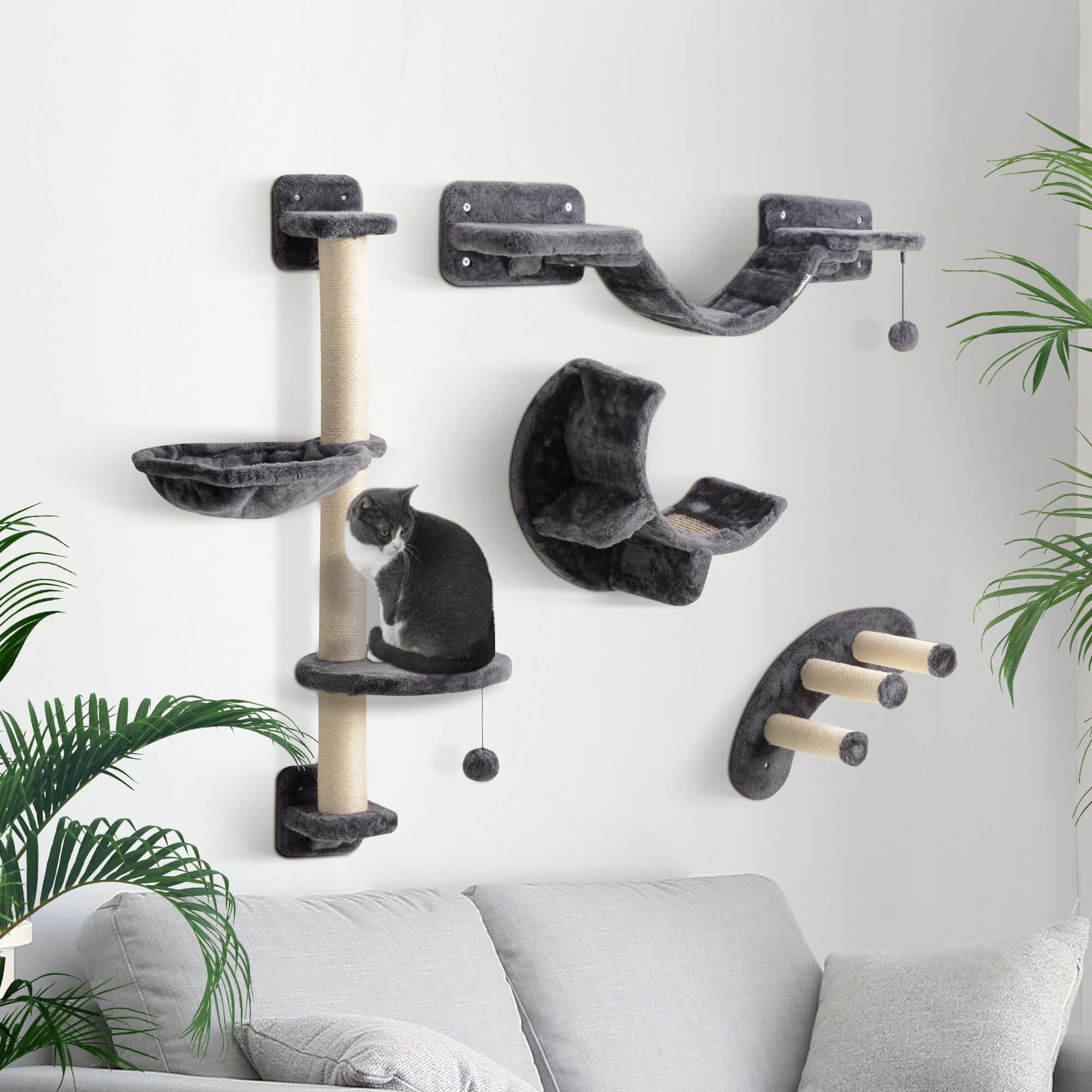 pawhut-mur-d-escalade-chat-4-pi-ces-avec-hamac-et-griffoirs-gris image 4