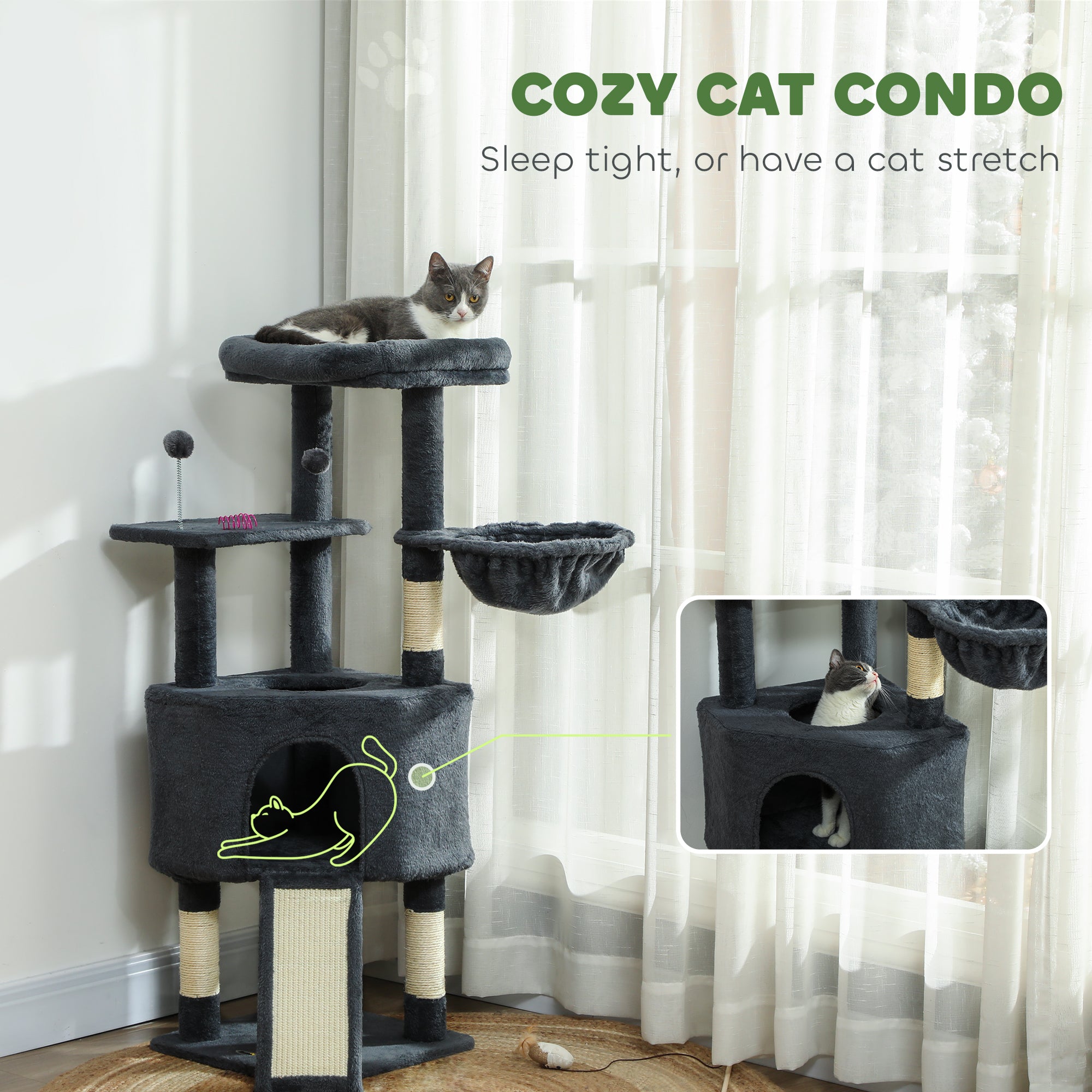 pawhut-arbre-chat-47-pouces-avec-niche-hamac-lit-et-chelle-gris-fonc image 7