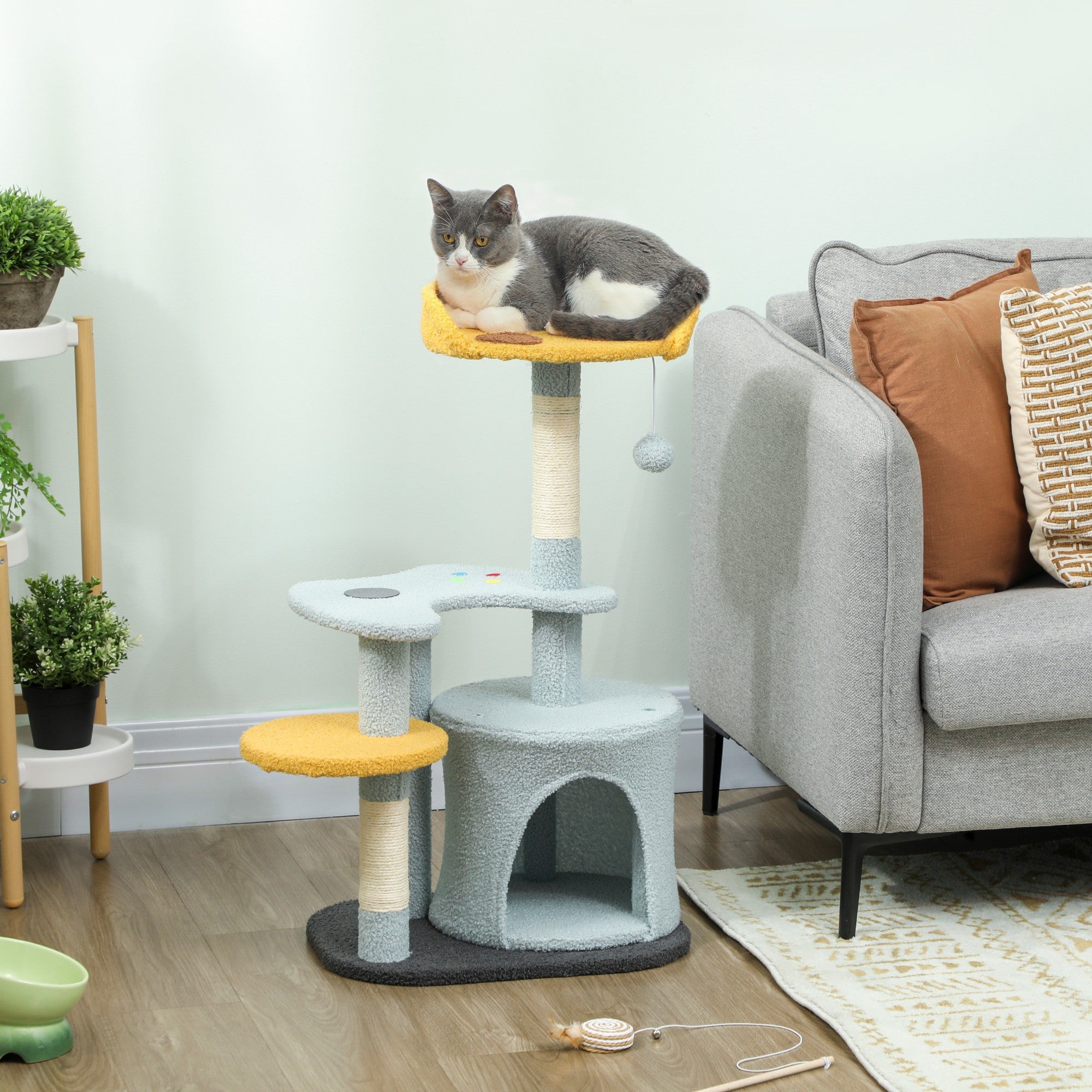 pawhut-arbre-chat-80-cm-avec-niche-perchoir-pizza-et-griffoir-sisal-bleu image 3