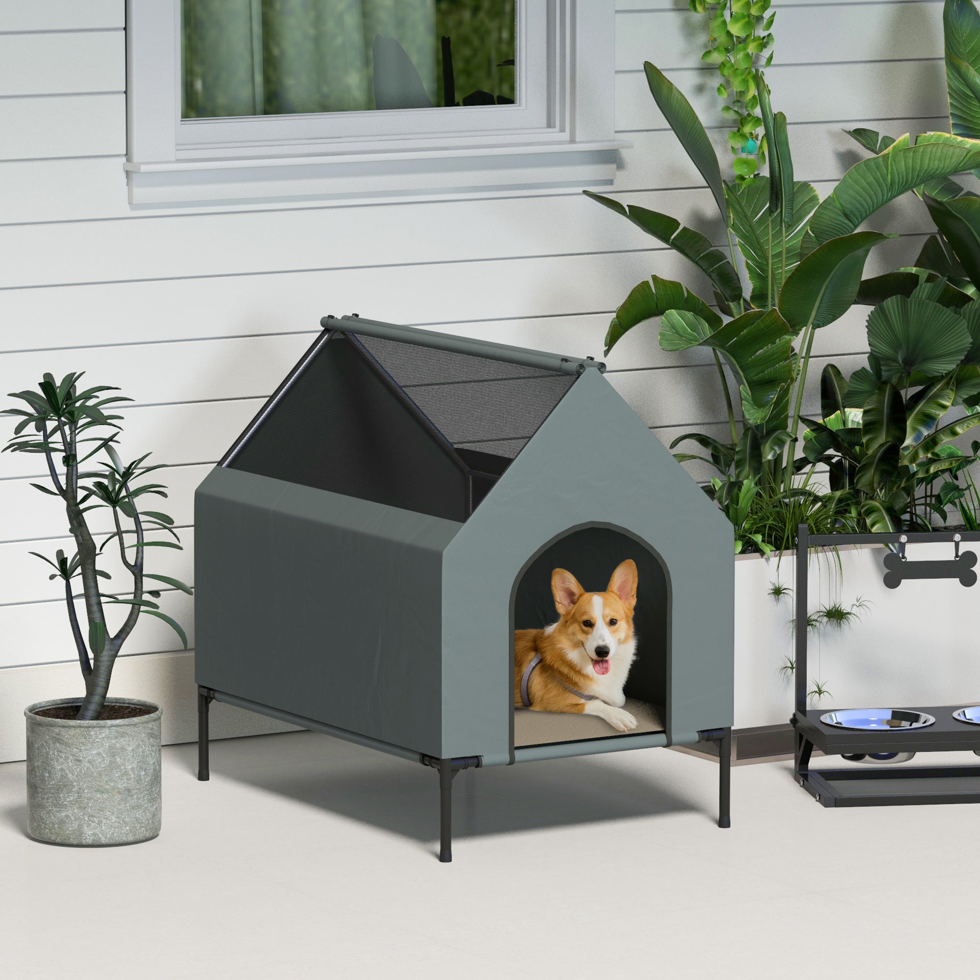 pawhut-niche-chien-d-ext-rieur-sur-lev-e-convertible-en-lit-de-camping-gris image 3