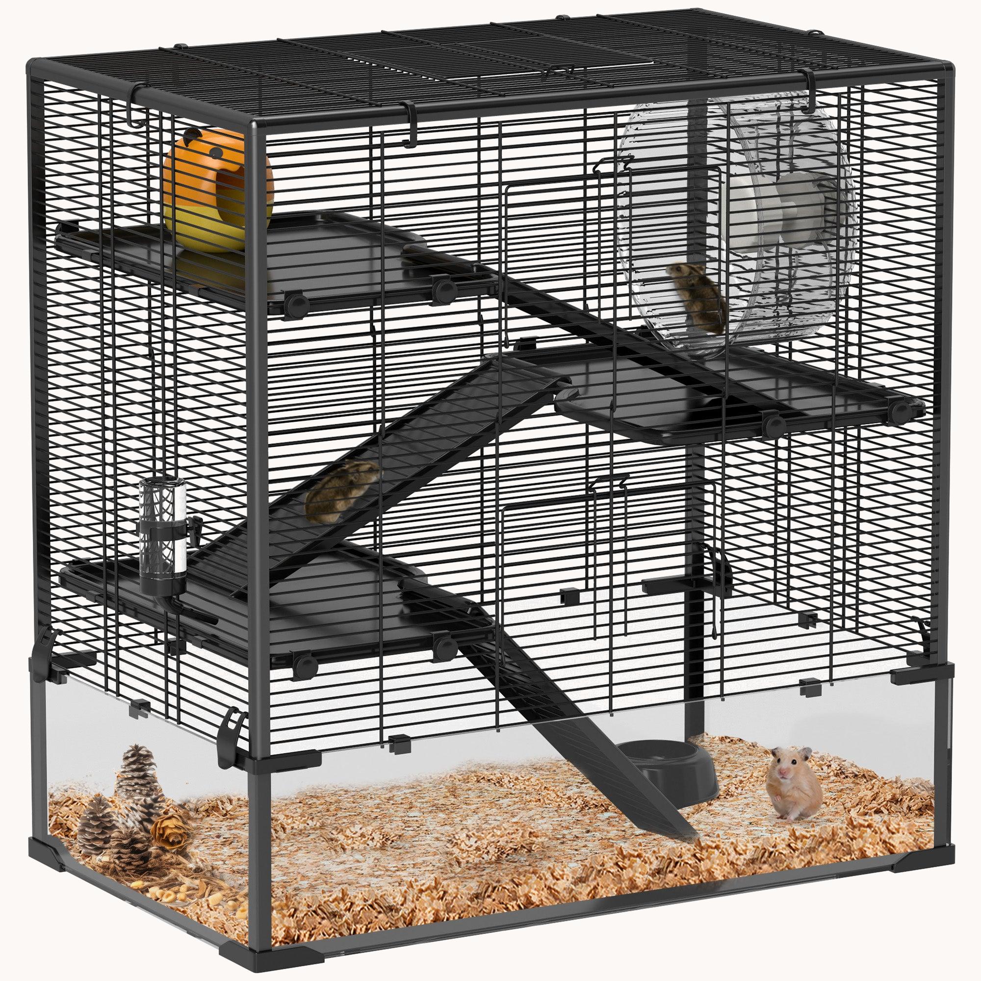 pawhut-cage-hamster-4-tages-31-x19-x31-5-avec-fond-verre-tremp-noire image 1