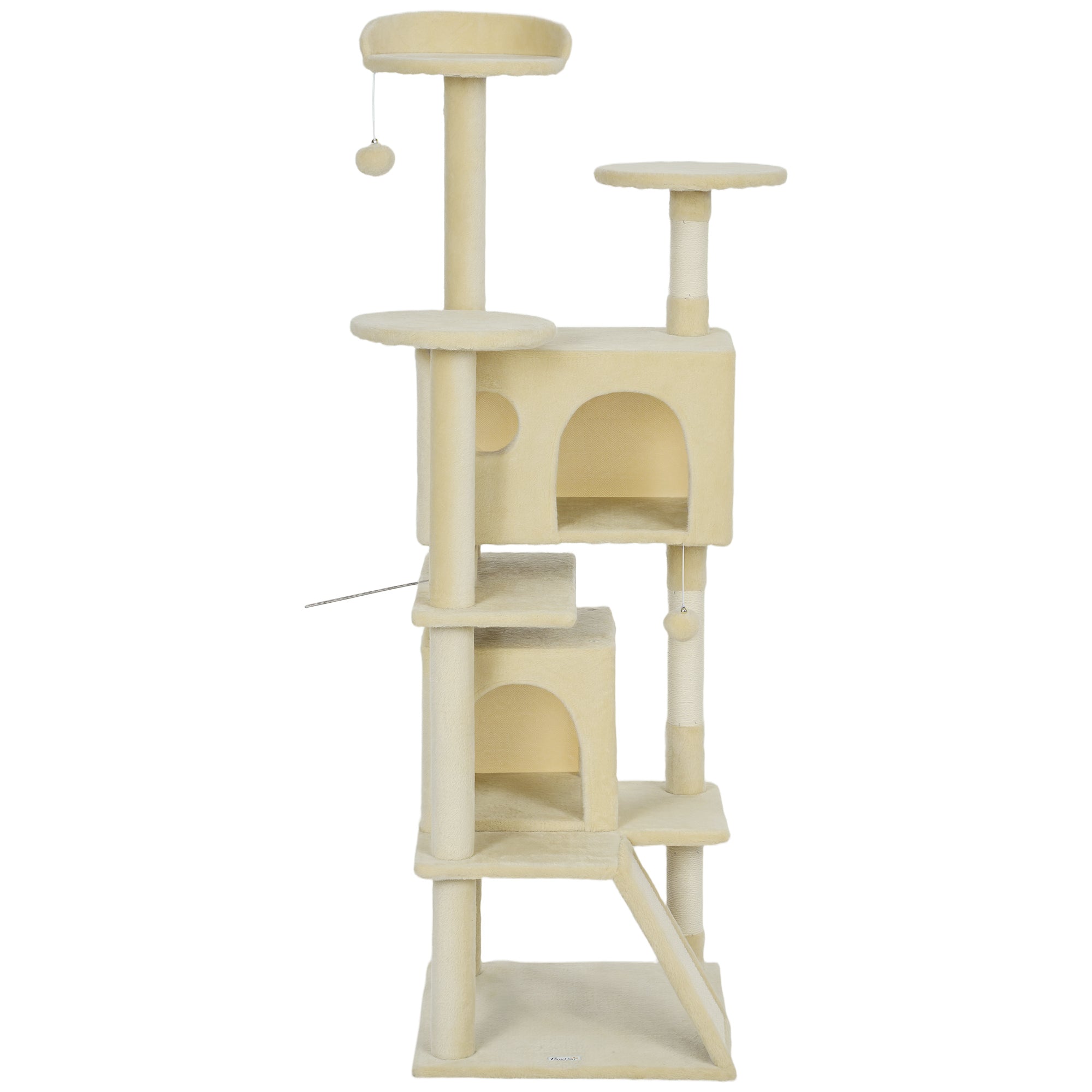 pawhut-arbre-chat-160-cm-blanc-cr-me-avec-condos-rampe-et-griffoirs image 2