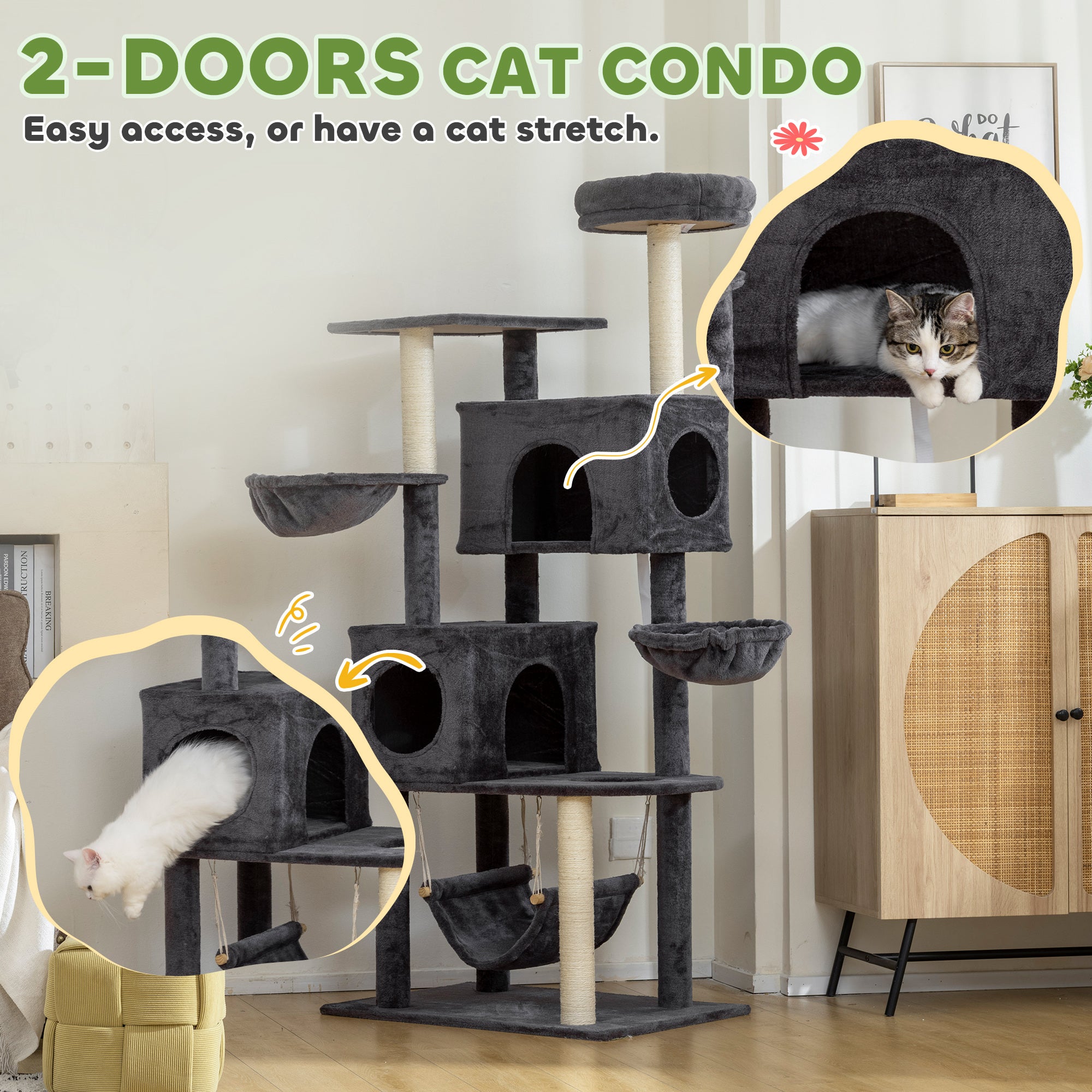 pawhut-arbre-chat-168-cm-2-niches-3-hamacs-avec-nid-sup-rieur-gris-fonc image 7