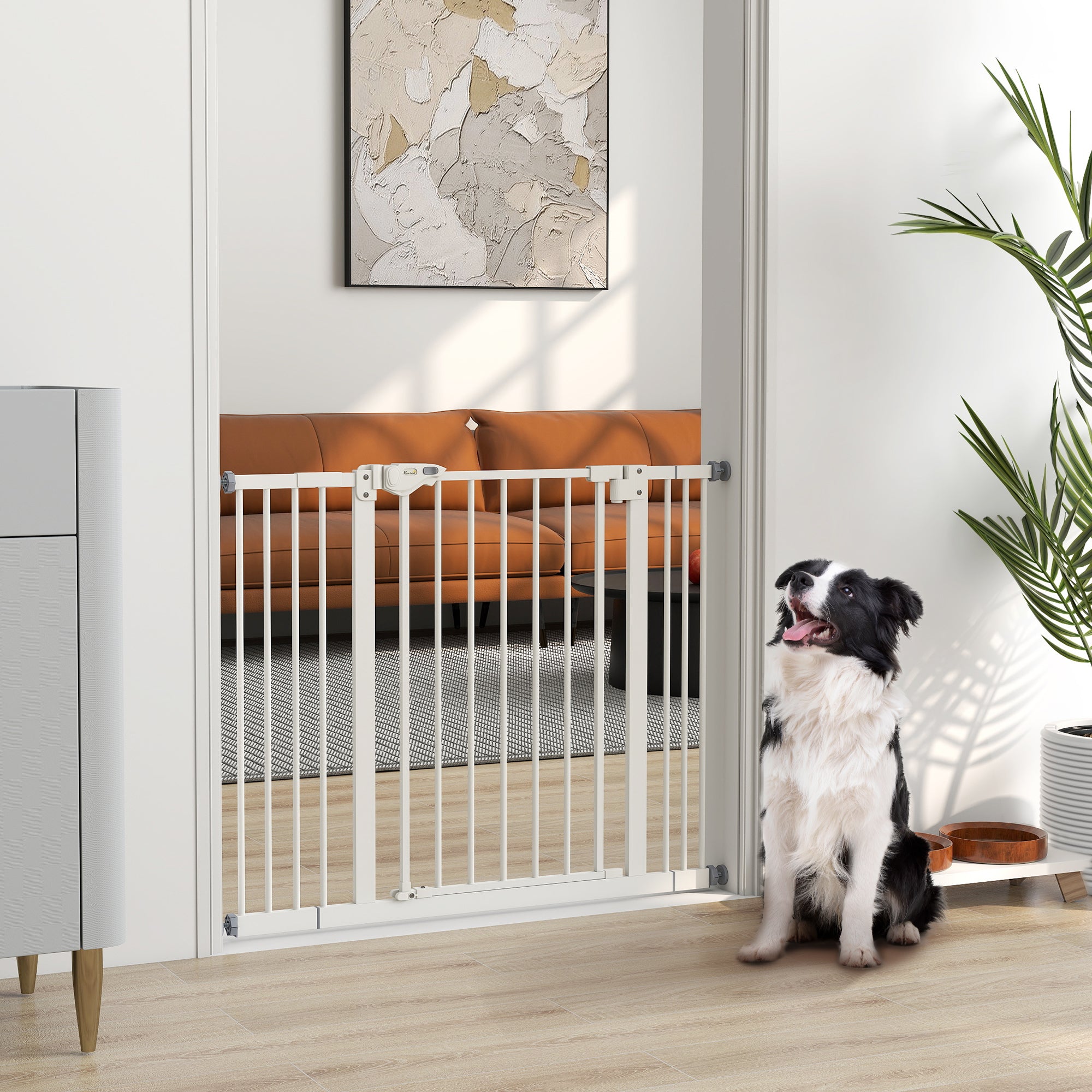 pawhut-barri-re-de-s-curit-animaux-76-cm-avec-porte-74-100-cm-blanc-pour-escalie image 3