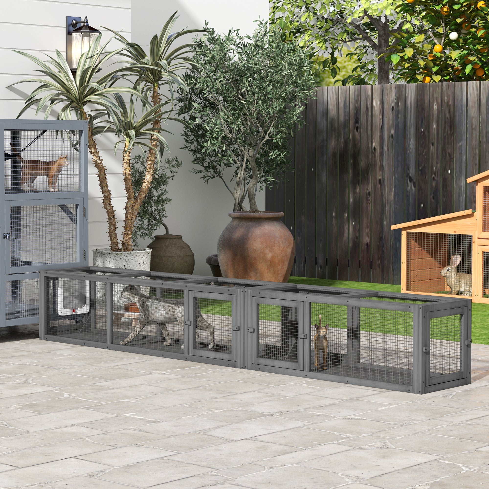 pawhut-tunnel-chat-ext-rieur-bois-250-cm-8-portes-modulable-gris-fonc image 4