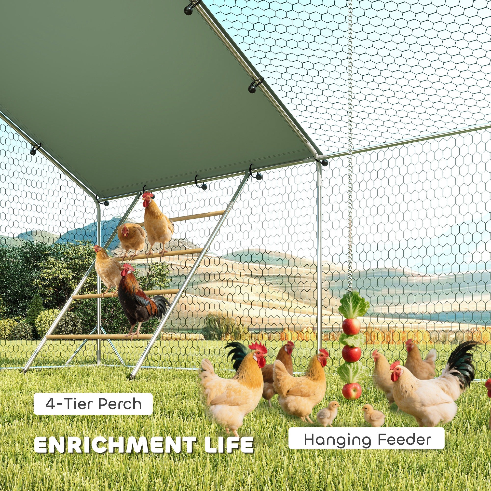 pawhut-parc-poules-m-tal-24-m-avec-b-che-mangeoire-et-perchoirs-argent image 6