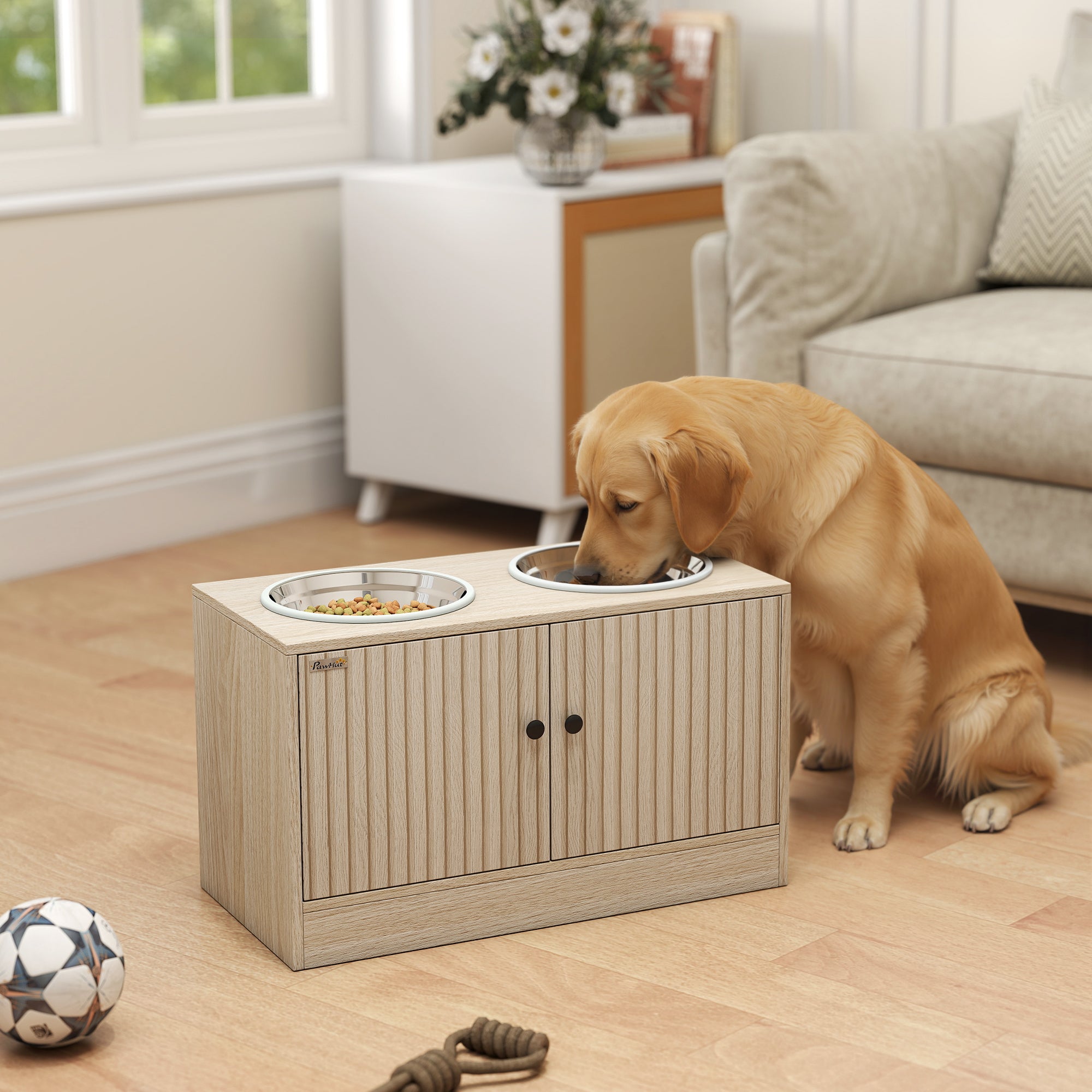 pawhut-gamelle-chien-sur-lev-e-avec-meuble-2-bols-inox-ralentisseur-ch-ne image 3