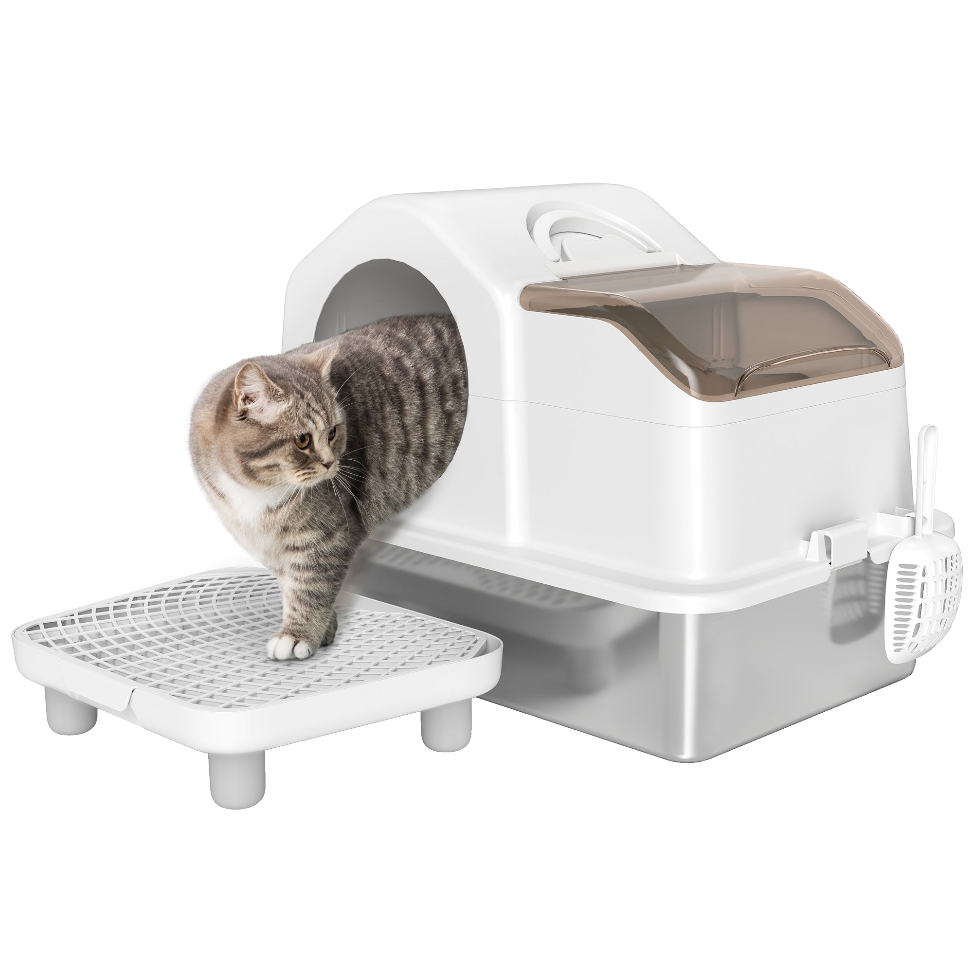 pawhut-bac-liti-re-inox-avec-couvercle-amovible-tapis-et-pelle-blanc image 1