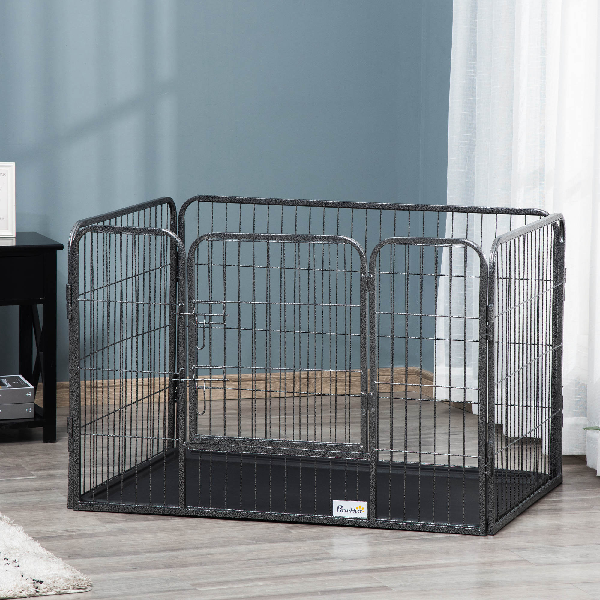pawhut-parc-pour-chiens-4-panneaux-avec-porte-et-plateau-int-rieur-ext-rieur-gri image 4
