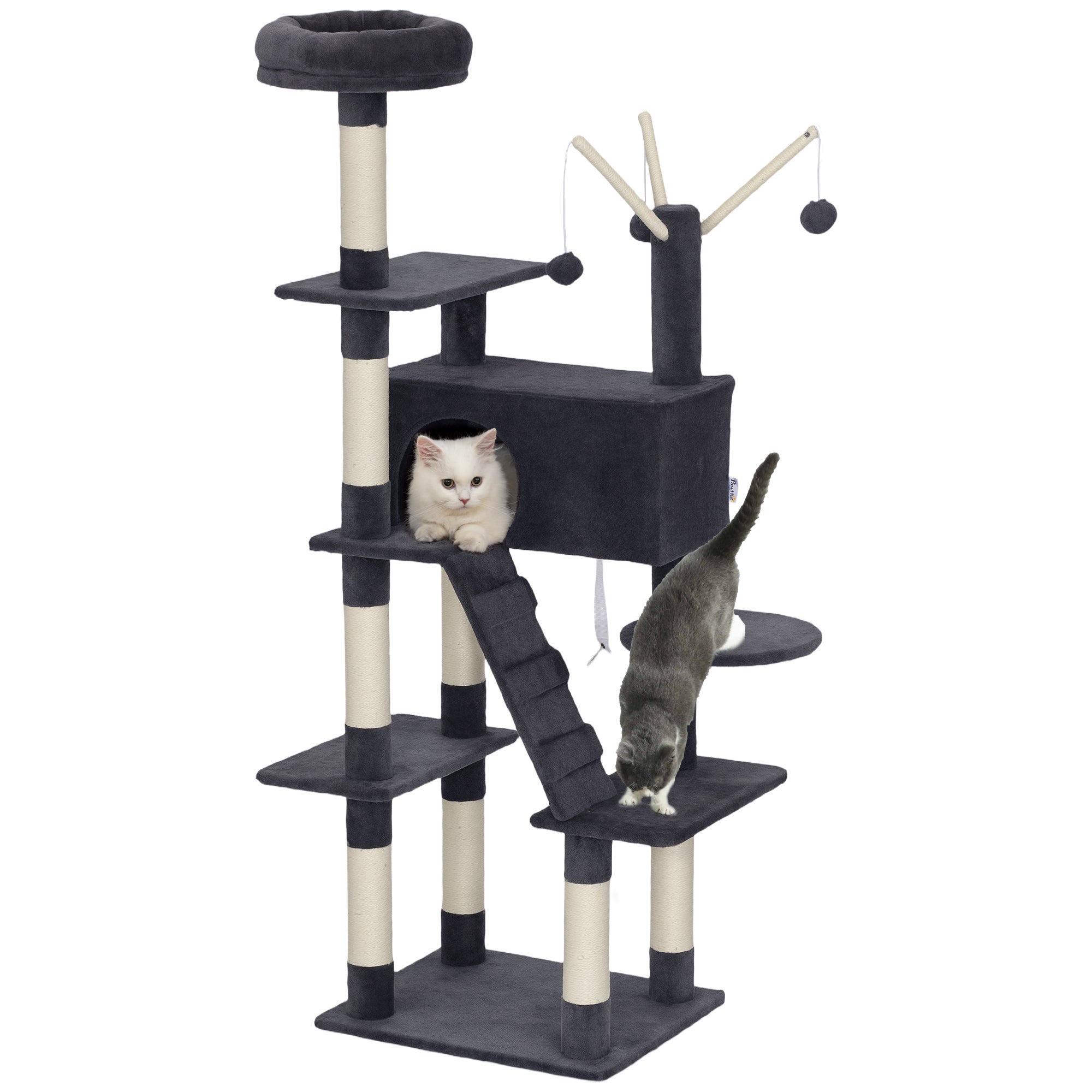 pawhut-arbre-chat-multi-niveaux-59-avec-niche-et-chelle-gris-fonc image 1