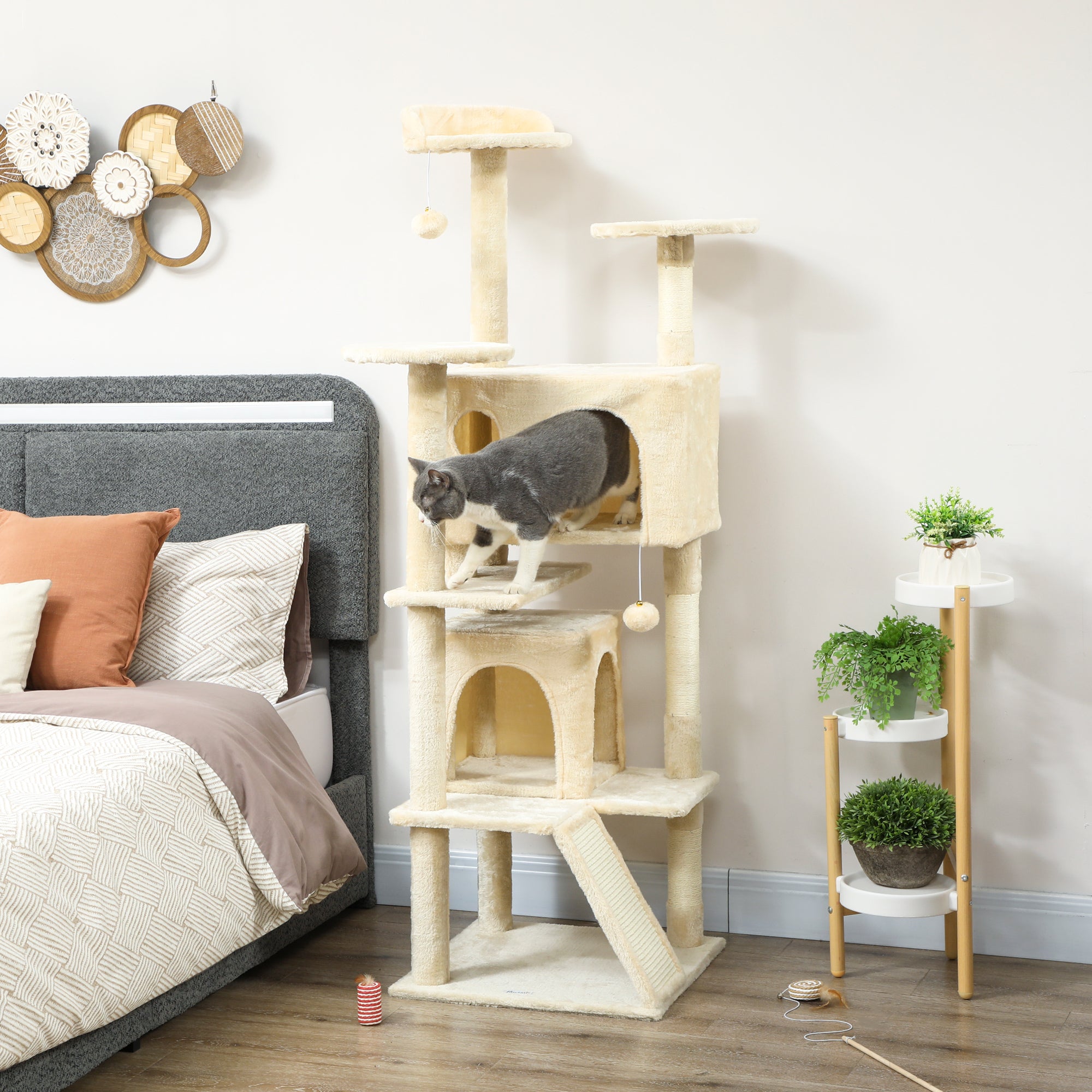 pawhut-arbre-chat-160-cm-blanc-cr-me-avec-condos-rampe-et-griffoirs image 4