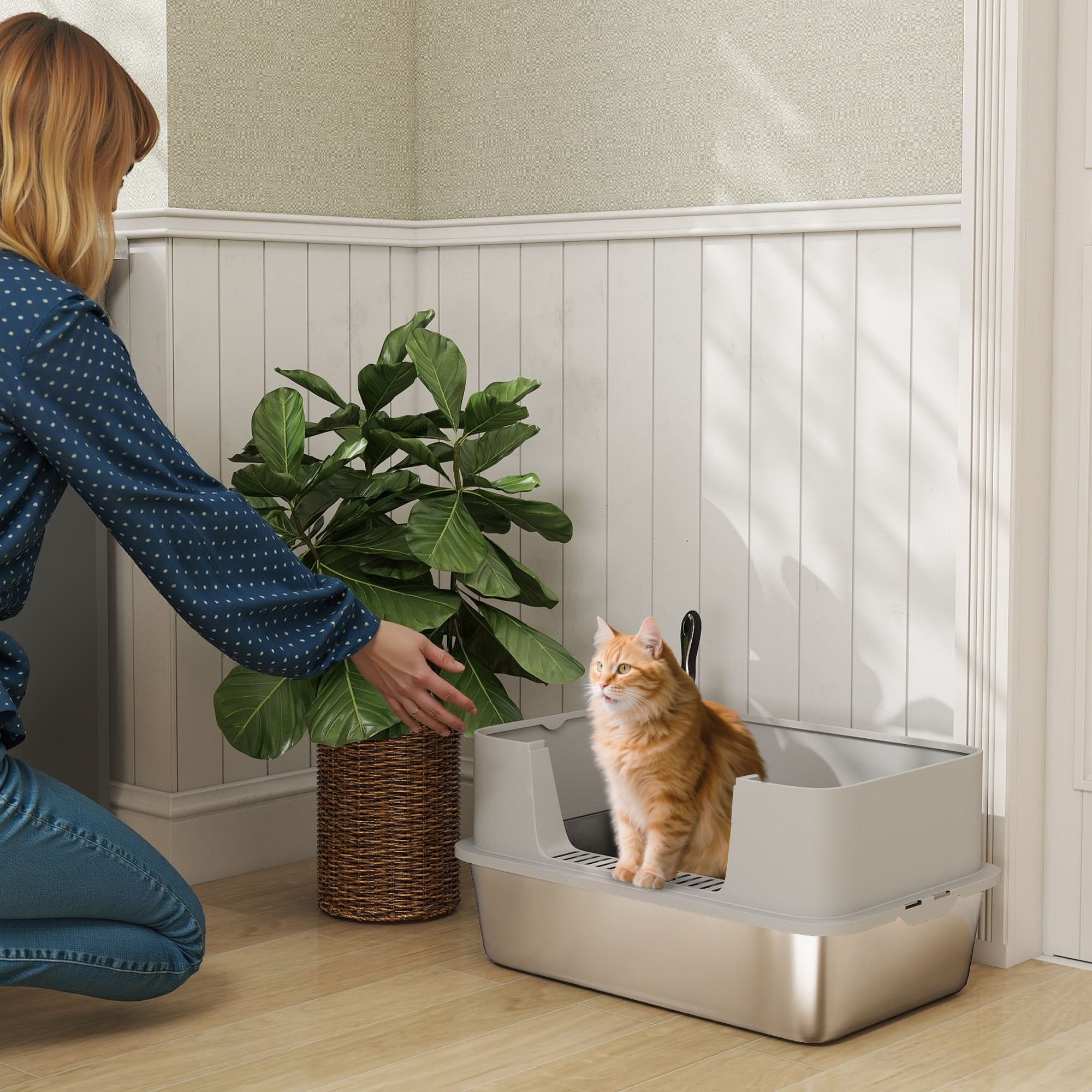 pawhut-bac-liti-re-chat-xl-en-acier-inoxydable-avec-pelle-bords-hauts-gris image 3