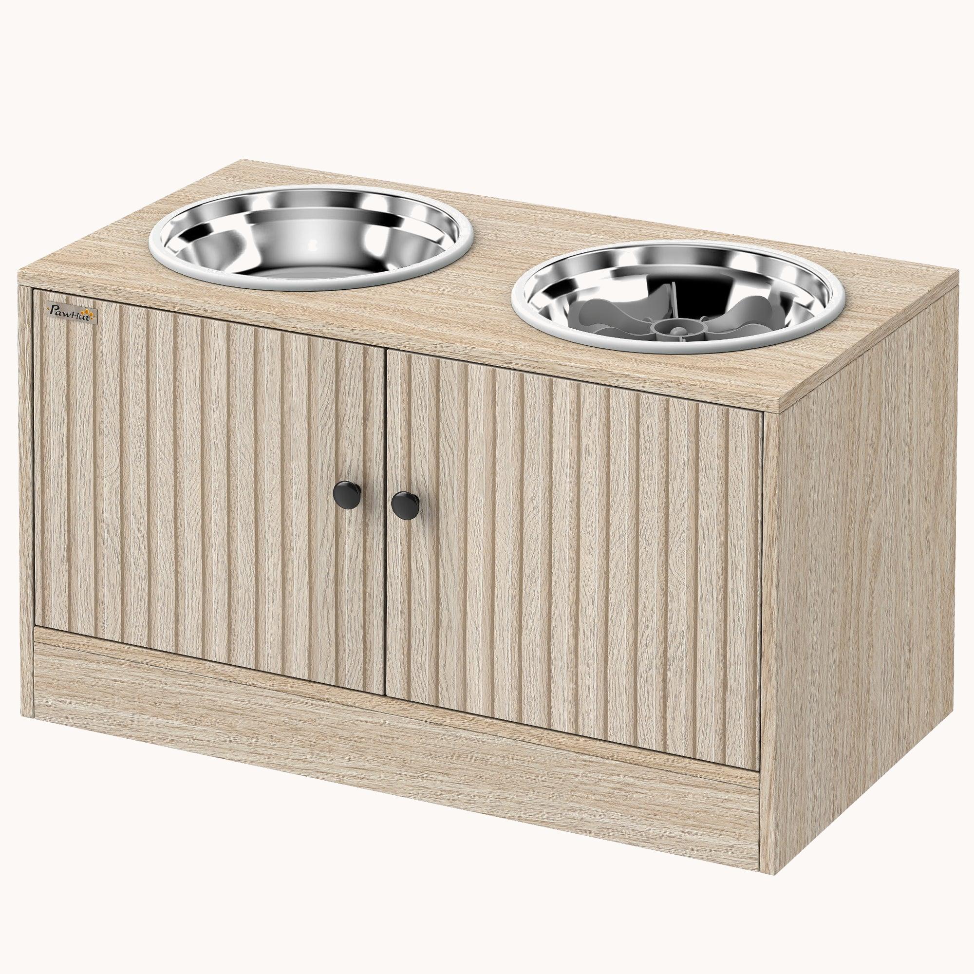 pawhut-gamelle-chien-sur-lev-e-avec-meuble-2-bols-inox-ralentisseur-ch-ne image 2