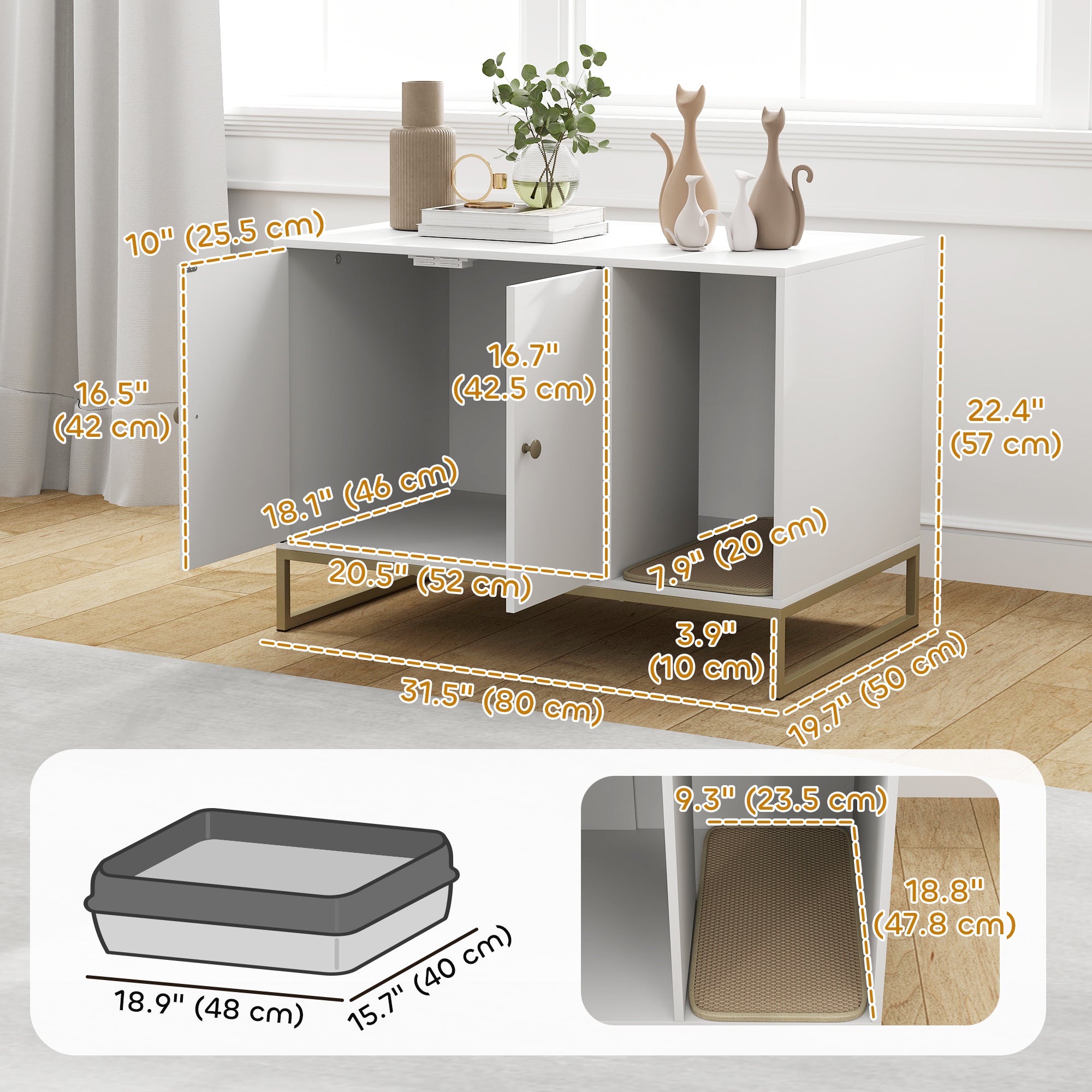 pawhut-meuble-liti-re-cach-e-avec-tapis-et-rangement-lat-ral-blanc image 5