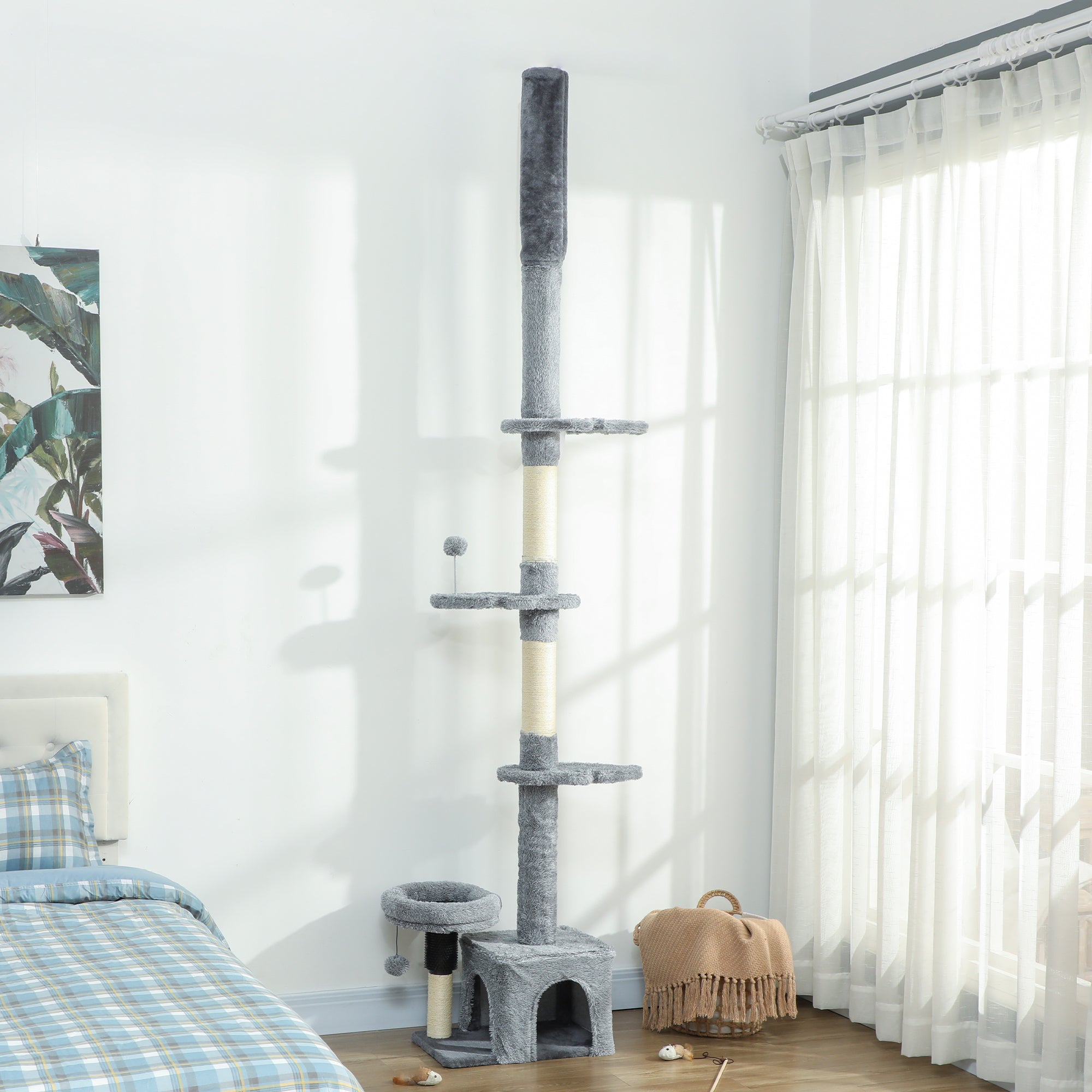 pawhut-arbre-chat-sol-plafond-avec-niche-et-perchoirs-gris image 4