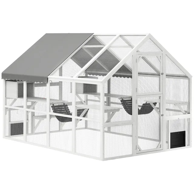 pawhut-catio-enclos-ext-rieur-blanc-xxl-avec-plateformes-ponts-et-toit-imperm-ab image 1