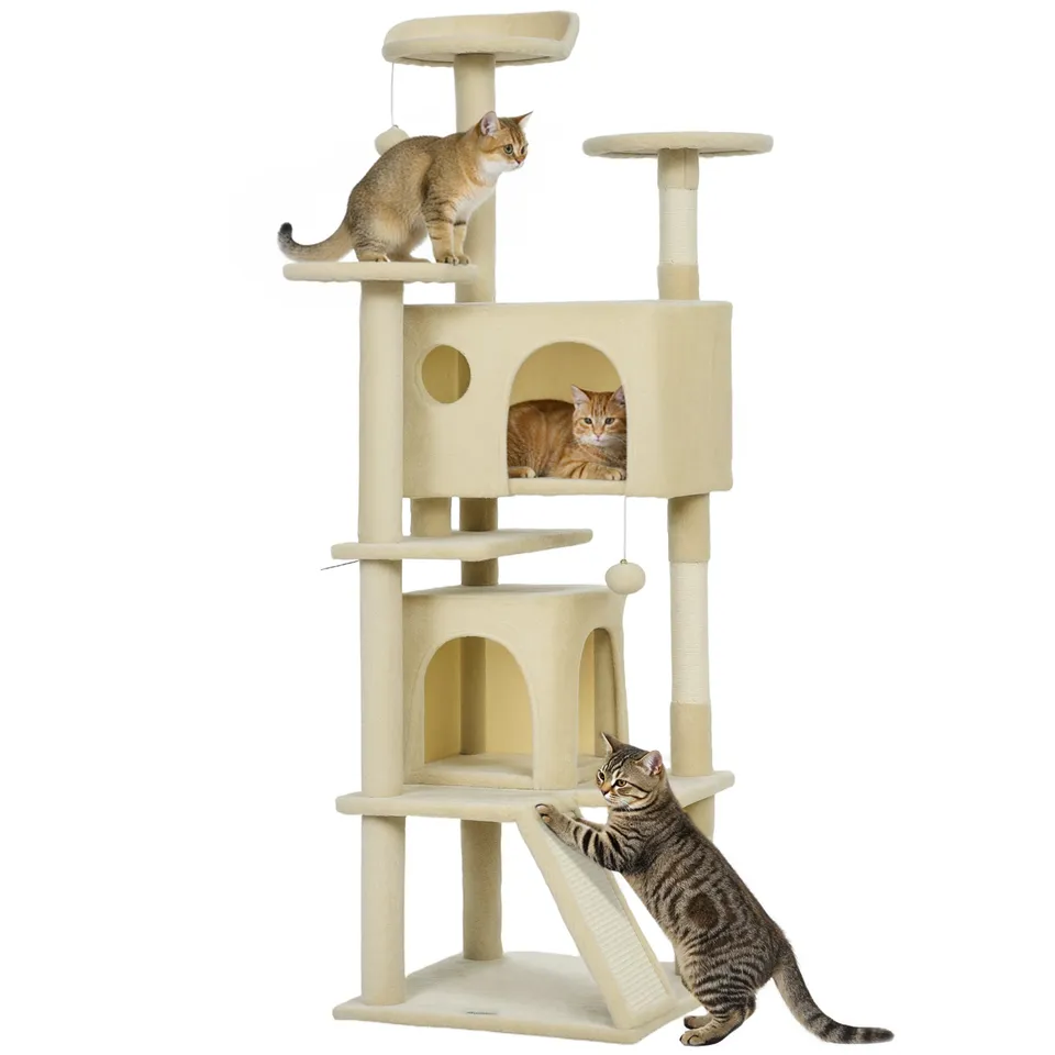 pawhut-arbre-chat-160-cm-blanc-cr-me-avec-condos-rampe-et-griffoirs image 1